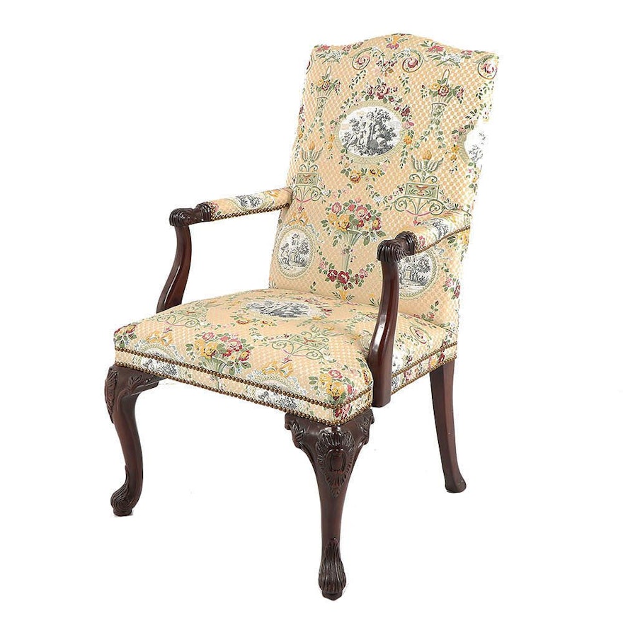 Georgian Style Mahogany Frame Upholstered Library Chair, Late 20th Century