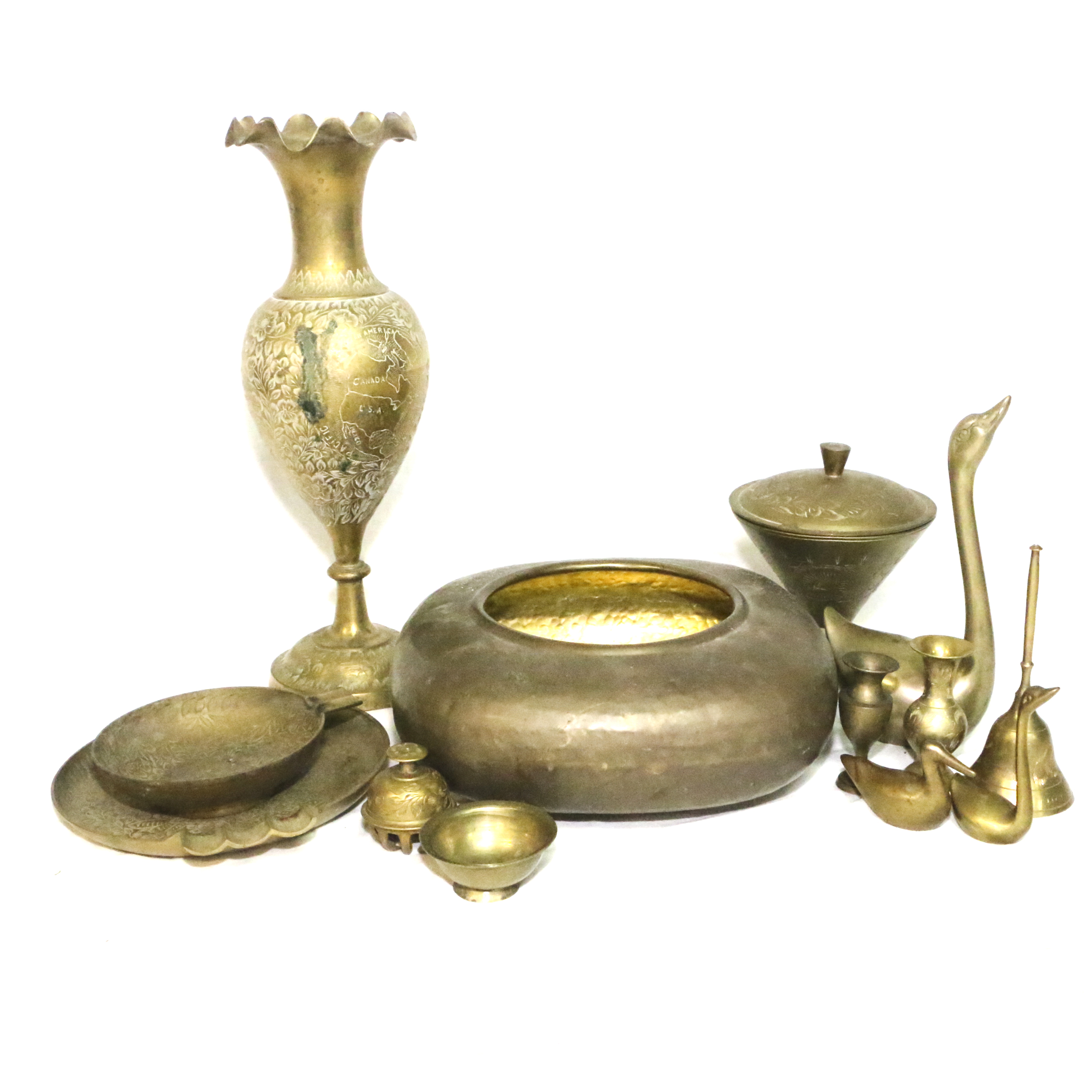 Brass Decor Items including Geographical Etched Vase, Swan Figurines and Other