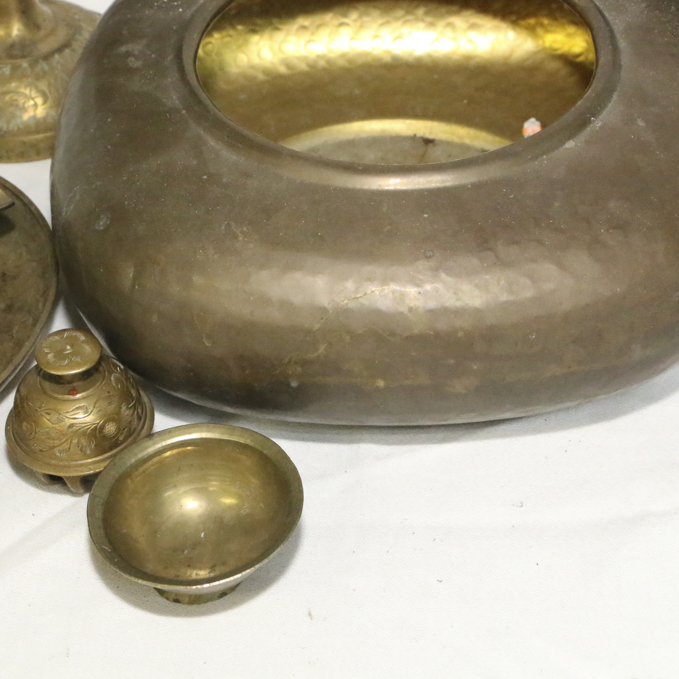 Brass Decor Items including Geographical Etched Vase, Swan Figurines and Other