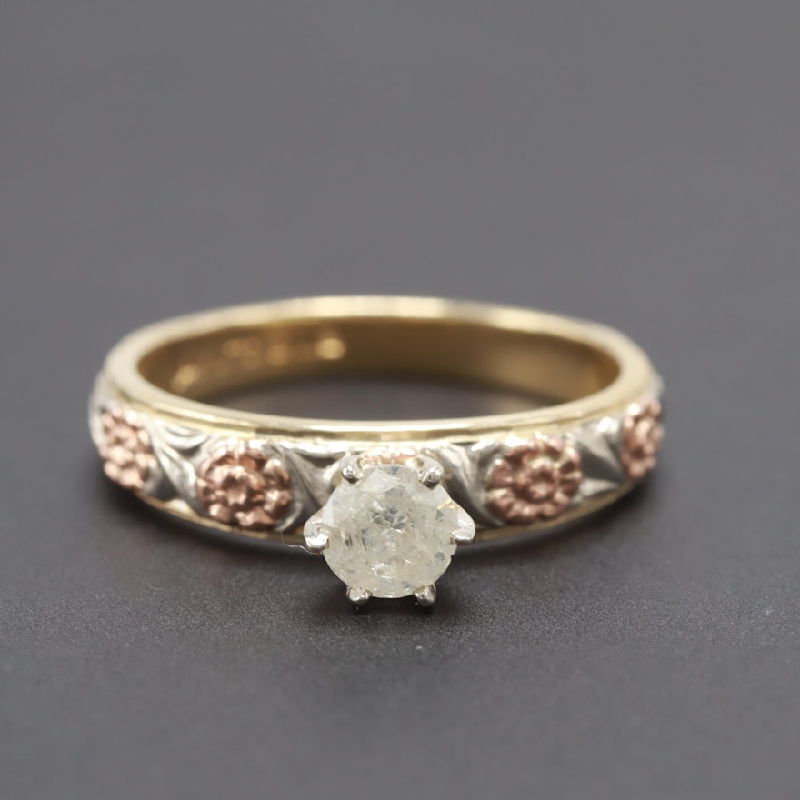 14K Yellow Gold Diamond Ring with Rose and White Gold Accents