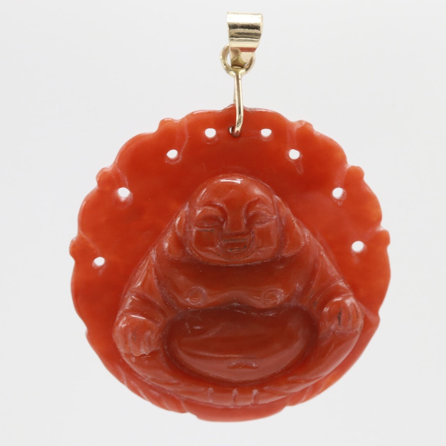 14K Yellow Gold "Happy Buddha" Jadeite Pendant