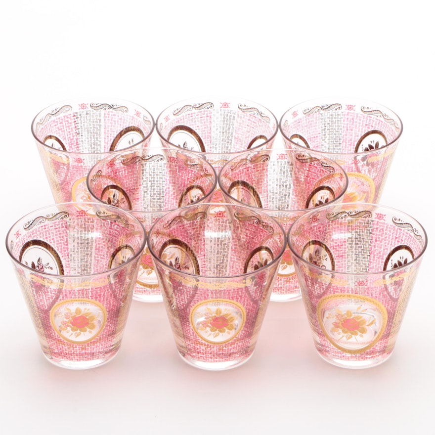 Mid-Century Rose Motif Old Fashioned Glasses by Georges Briard