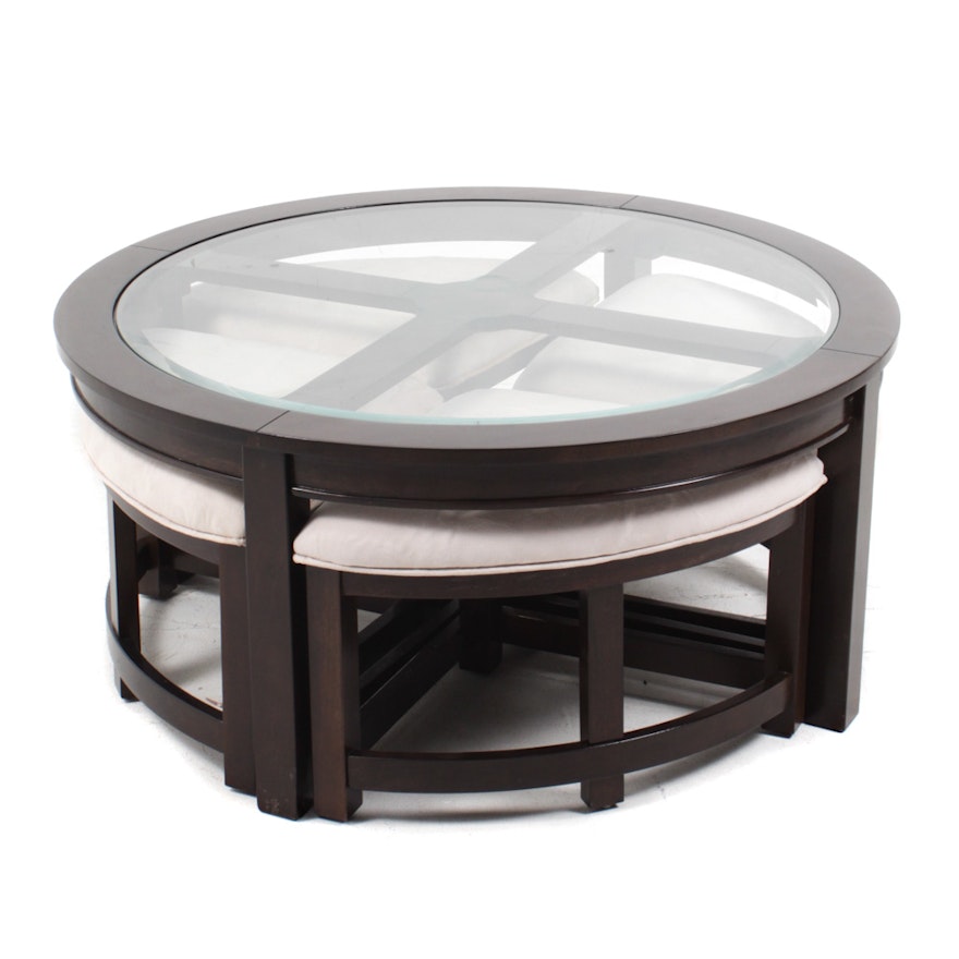 Contemporary American Signature Coffee Table with Four Pull-Out Ottomans