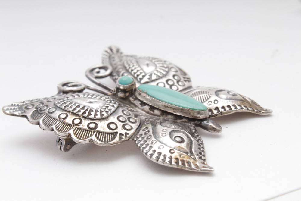 Sterling Silver Synthetic Turquoise Butterfly Brooch