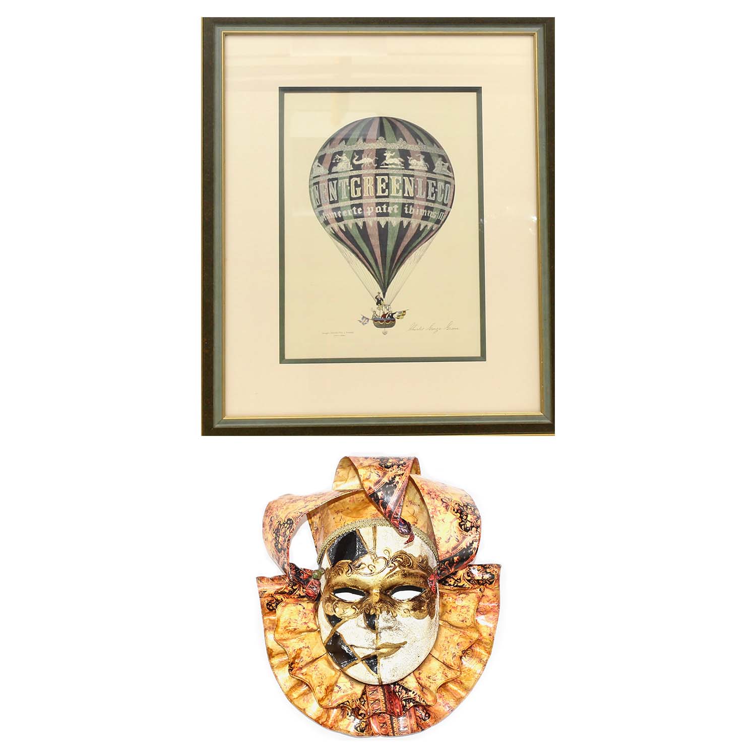 Charles George Green Hand-Colored Engraving and Venetian Style Mask