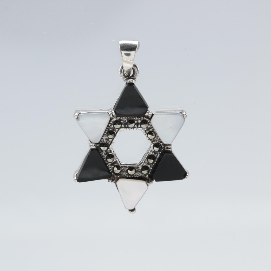 Sterling Silver Mother of Pearl, Black Onyx and Marcasite Star of David Pendant