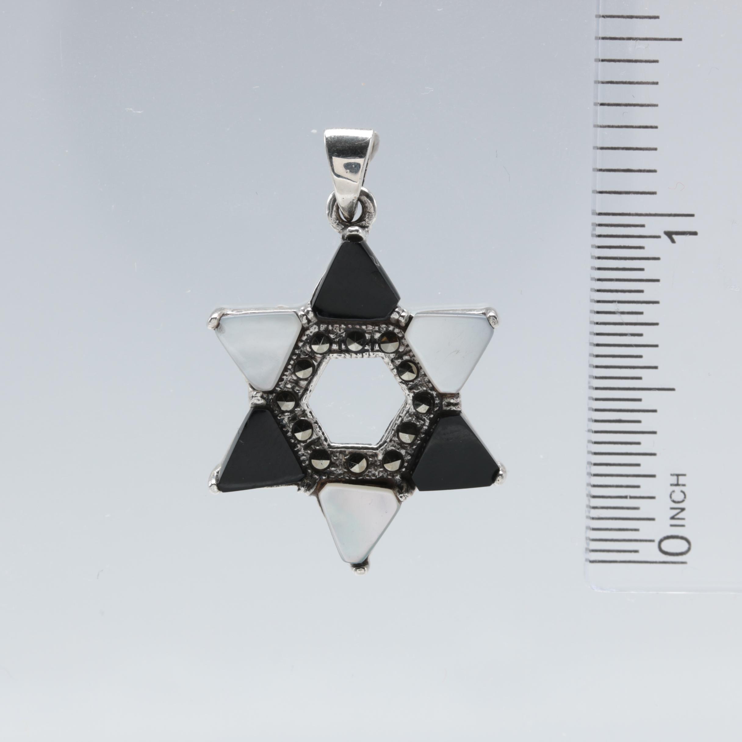 Sterling Silver Mother of Pearl, Black Onyx and Marcasite Star of David Pendant