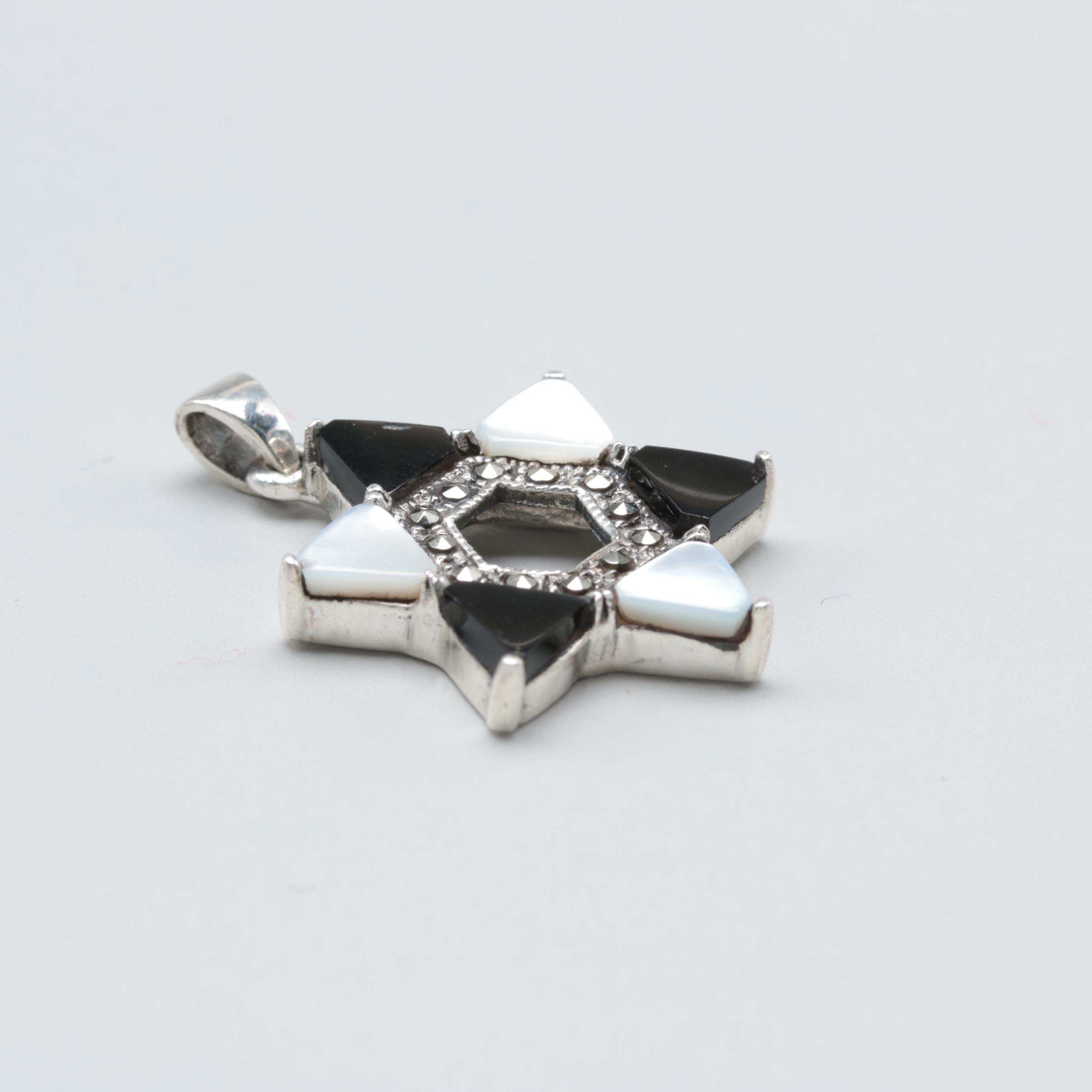 Sterling Silver Mother of Pearl, Black Onyx and Marcasite Star of David Pendant