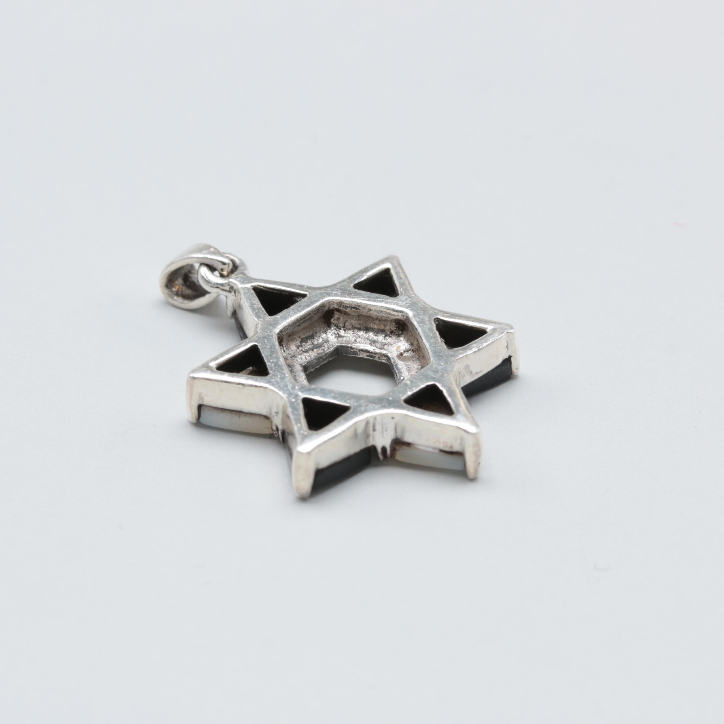 Sterling Silver Mother of Pearl, Black Onyx and Marcasite Star of David Pendant
