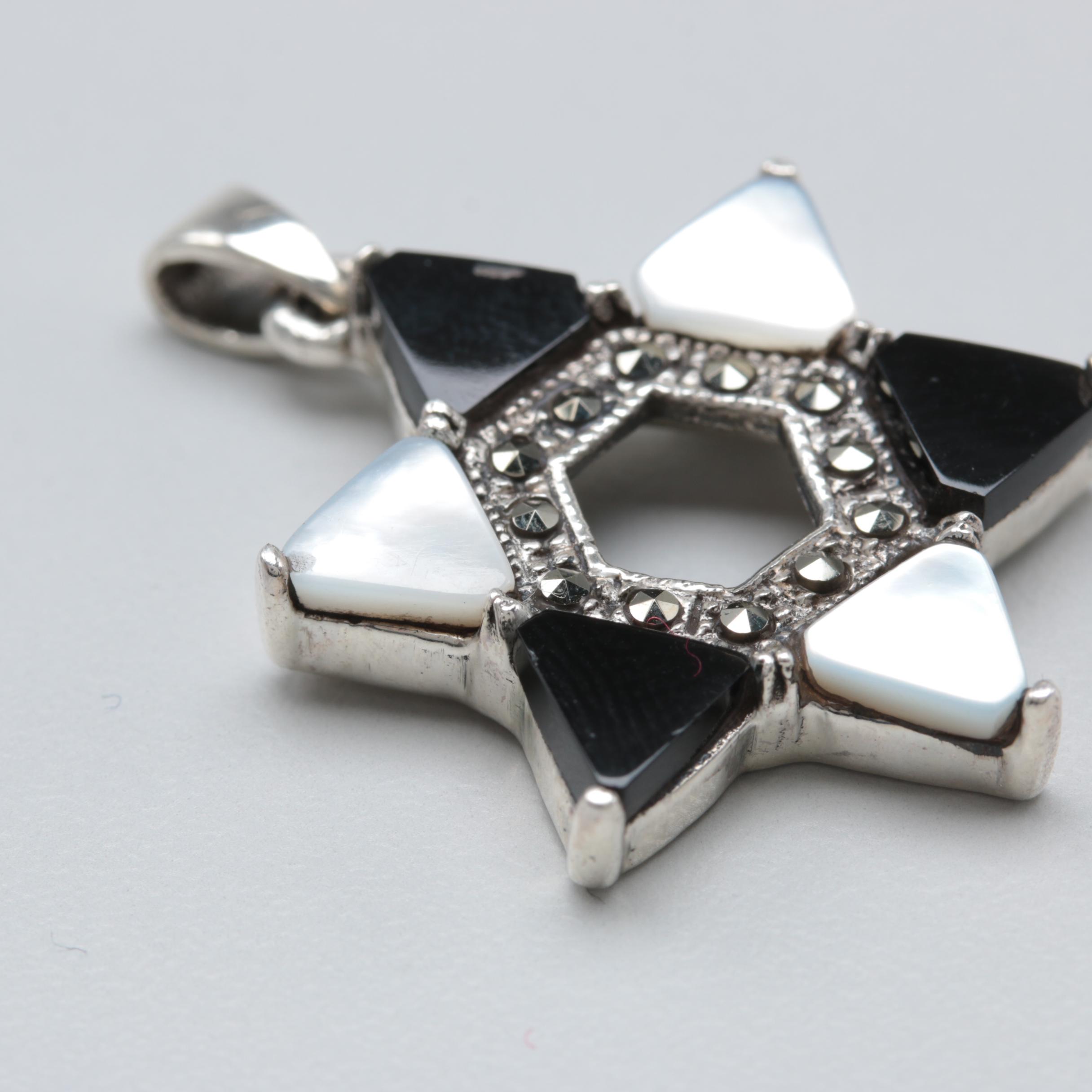 Sterling Silver Mother of Pearl, Black Onyx and Marcasite Star of David Pendant