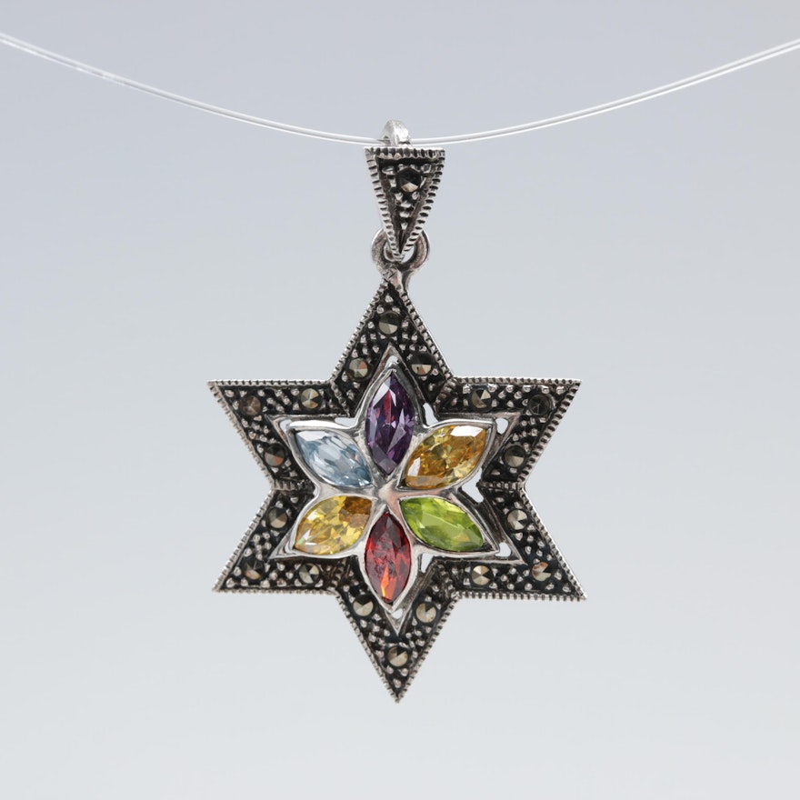 Sterling Silver Cubic Zirconia and Marcasite Star of David Pendant