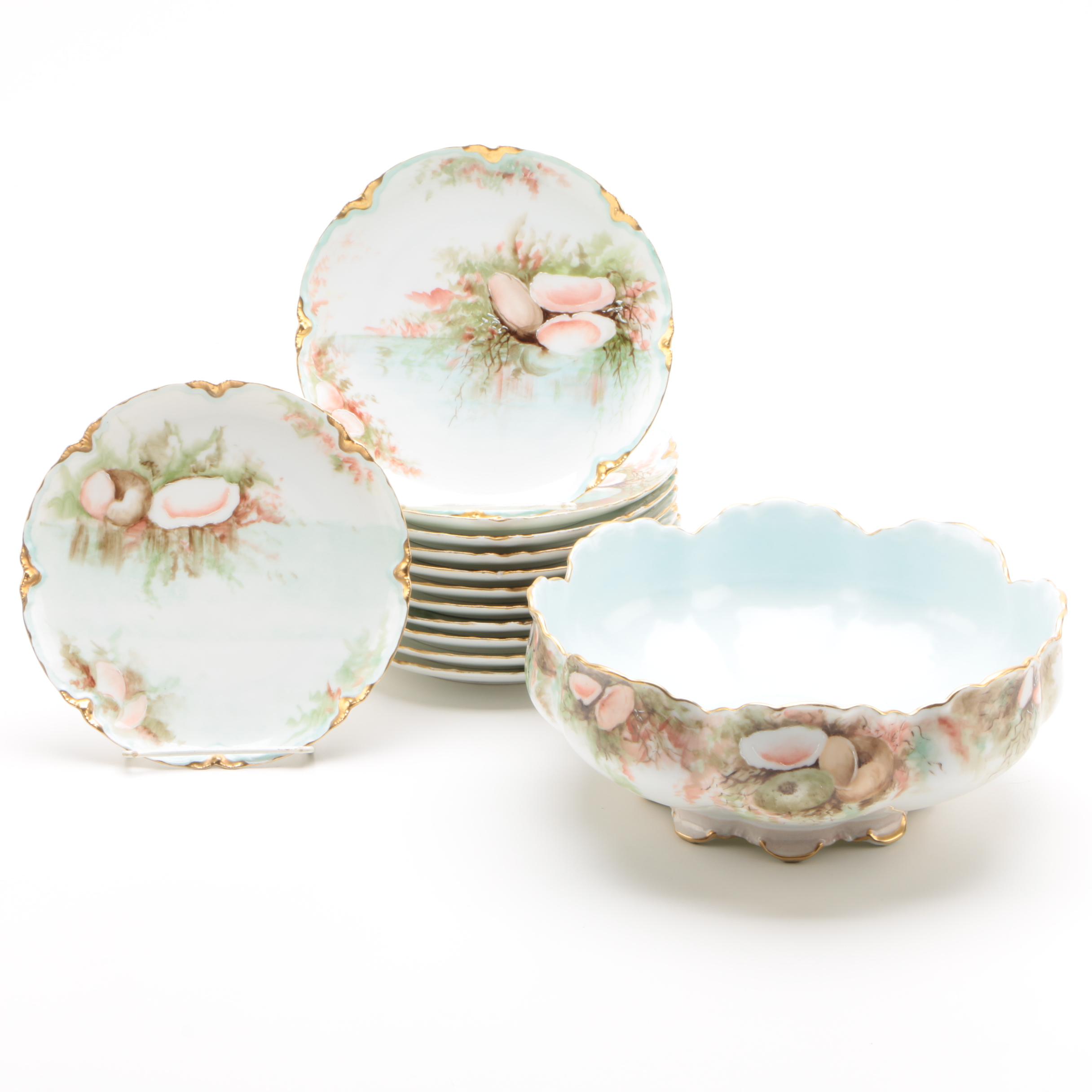 Hobbyist Painted Haviland Limoges Seafood Serving Bowl and Plates, circa 1888-96