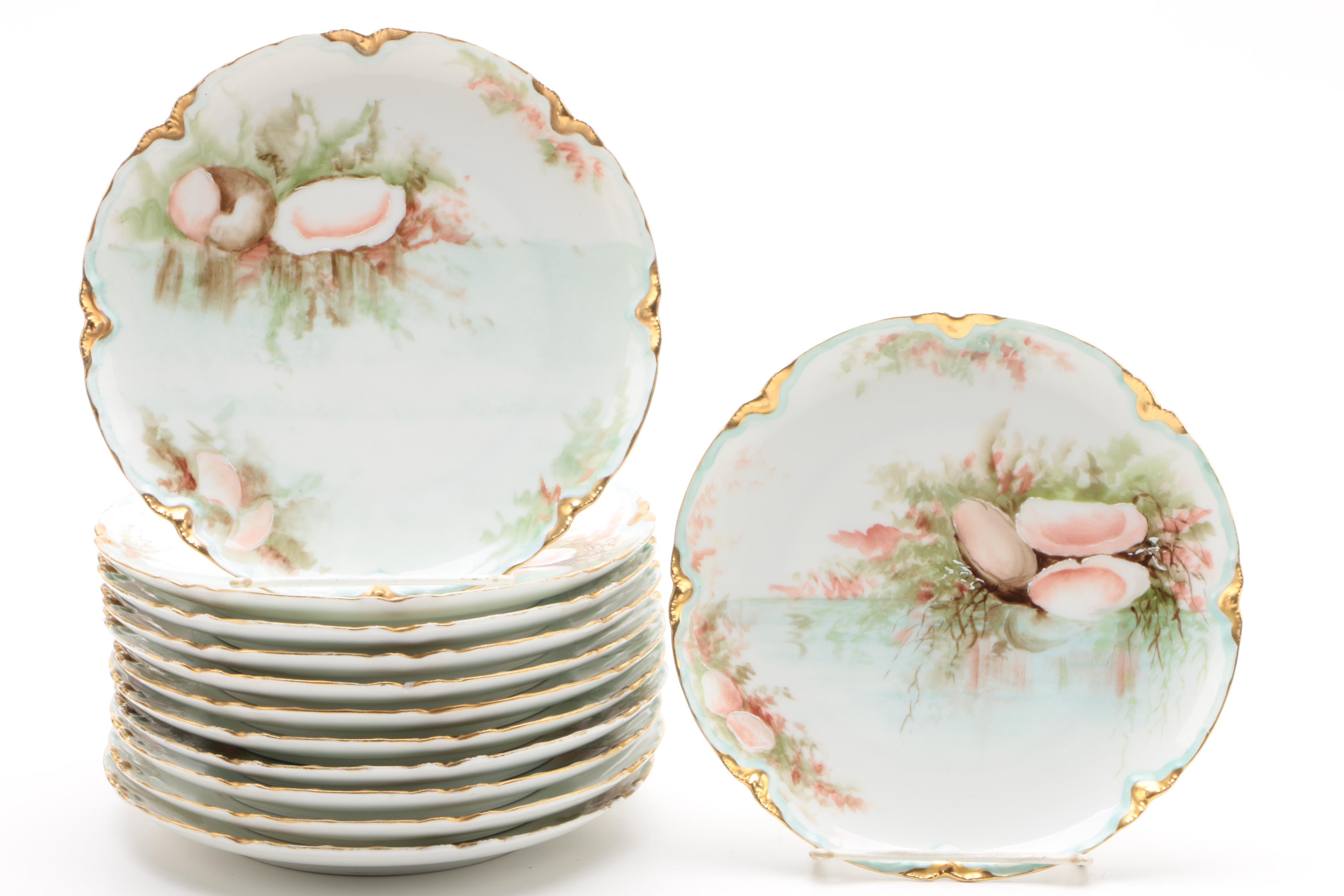 Hobbyist Painted Haviland Limoges Seafood Serving Bowl and Plates, circa 1888-96