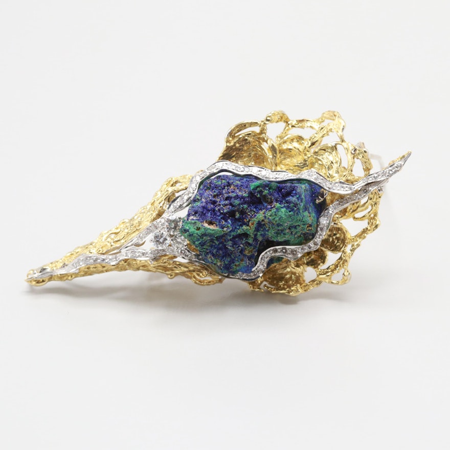 18K Yellow and White Gold Azurmalachite and Diamond Brooch