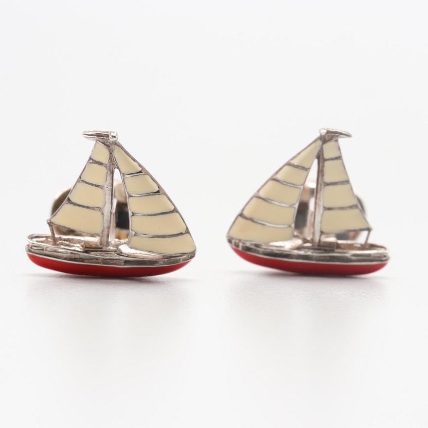 Deakin & Francis Sterling Silver Enamel Sailboat Cufflinks