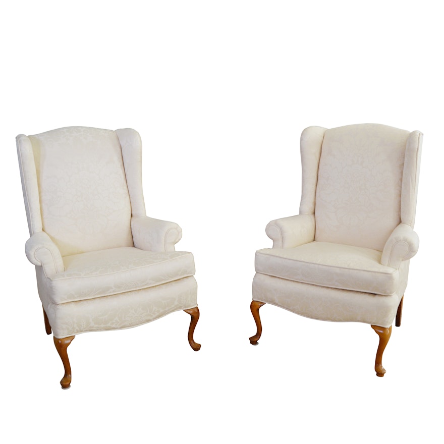 Queen Anne Style Upholstered Wingback Armchairs, 21st Century