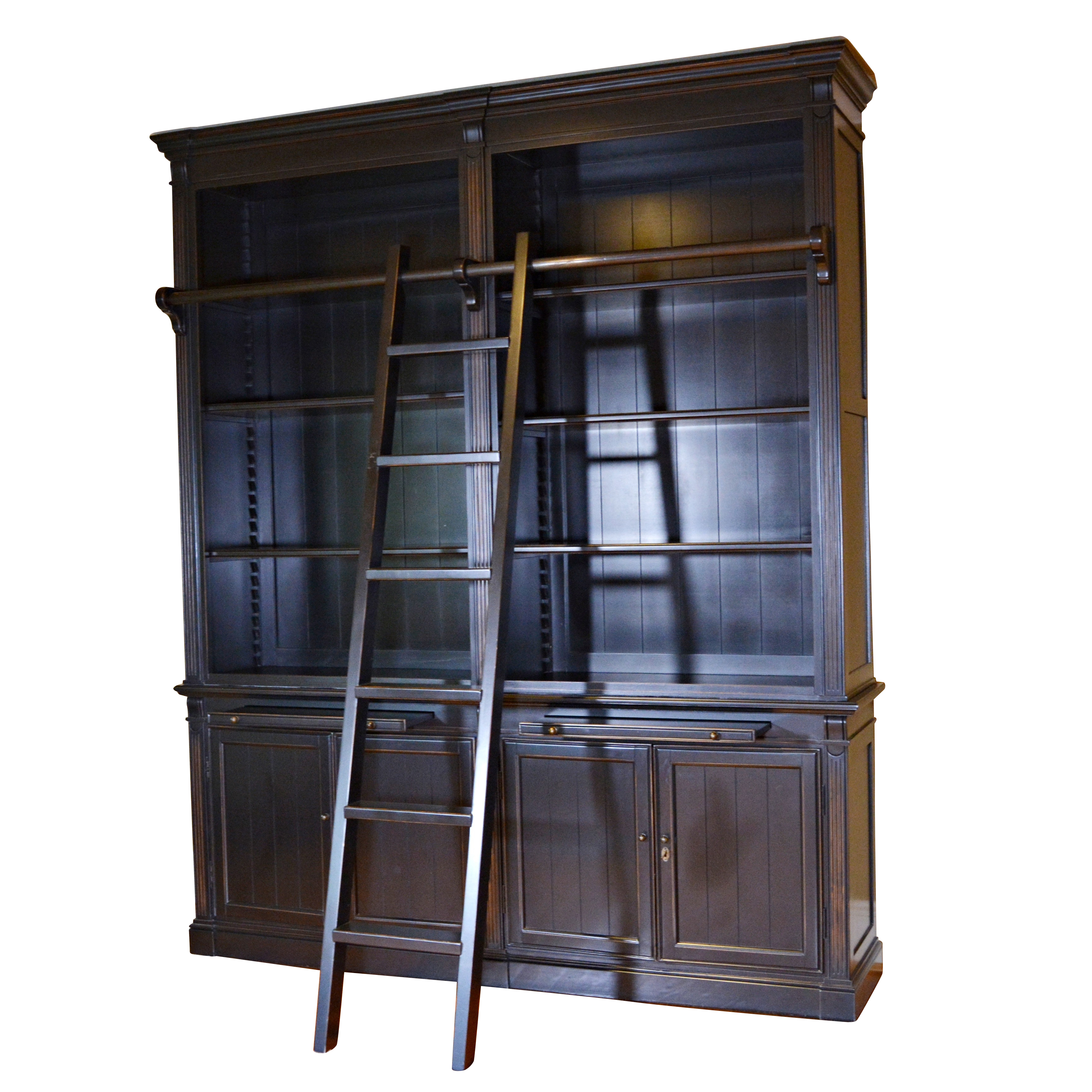 Contemporary Black Double Bookcase with Ladder by London