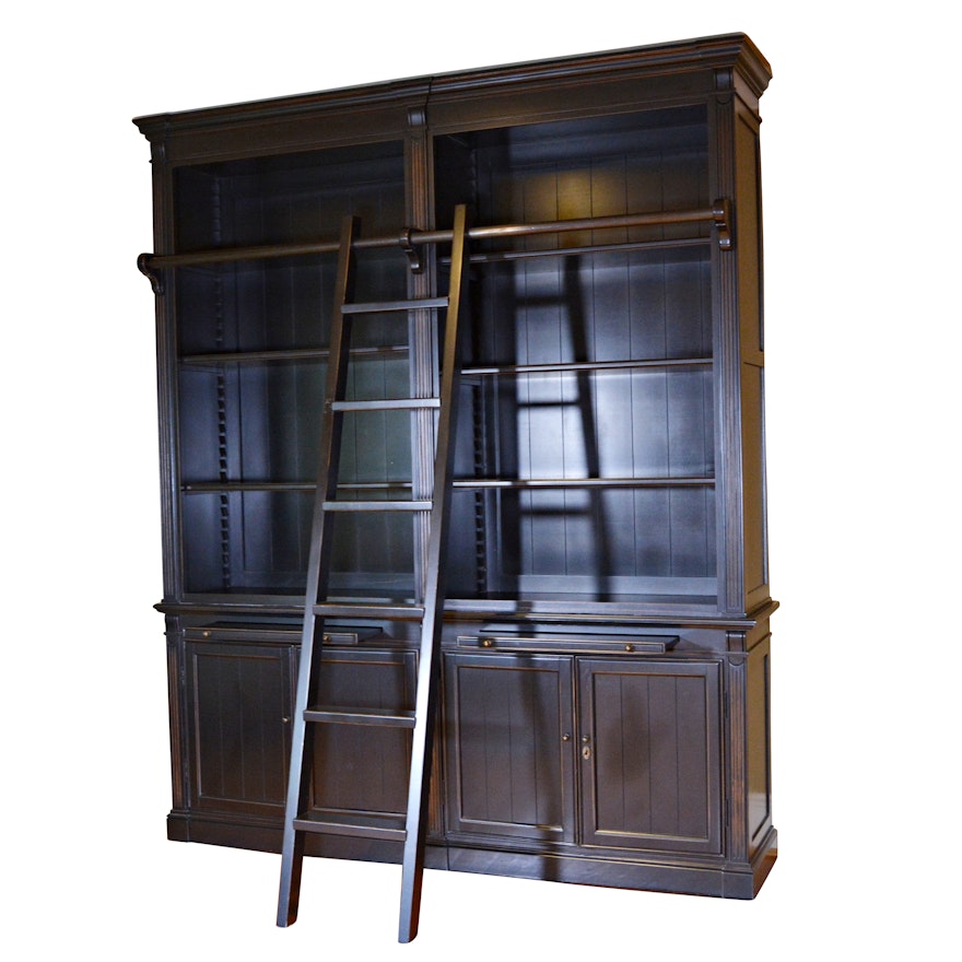 Contemporary Black Double Bookcase with Ladder by London