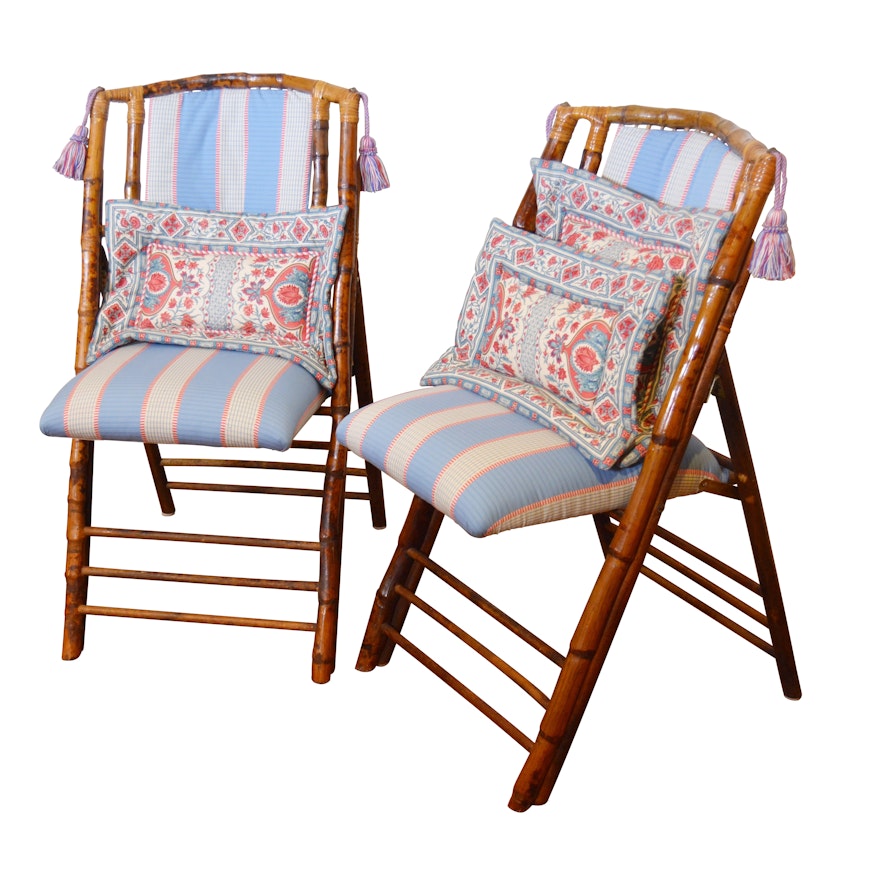 Campaign Style Bamboo Frame Upholstered Folding Chairs, Late 20th Century