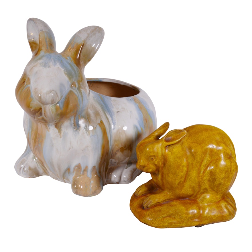 Ceramic Bunny Planter and Bunny Figurine