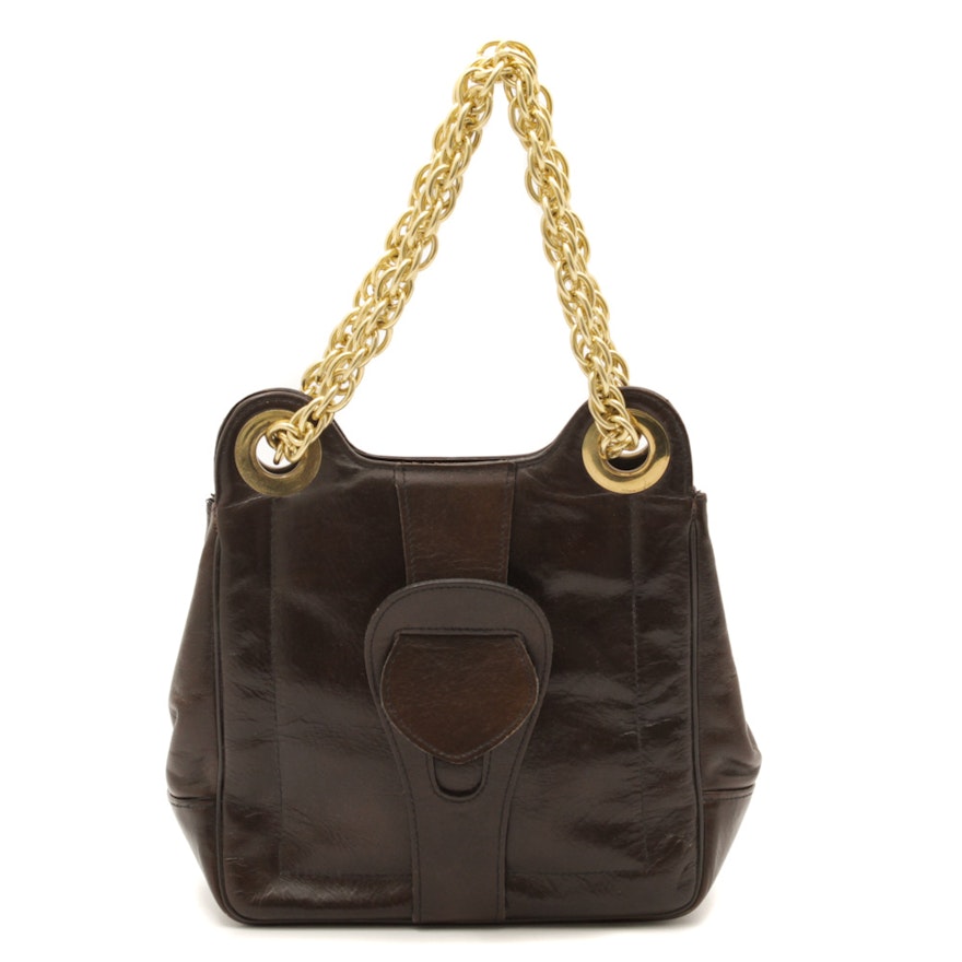 Vintage Brown Leather Handbag with Gold Tone Chain
