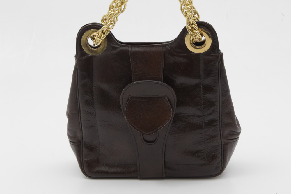 Vintage Brown Leather Handbag with Gold Tone Chain