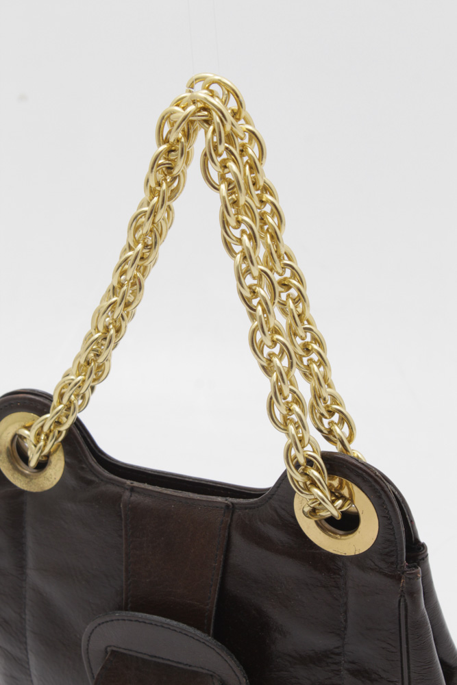 Vintage Brown Leather Handbag with Gold Tone Chain
