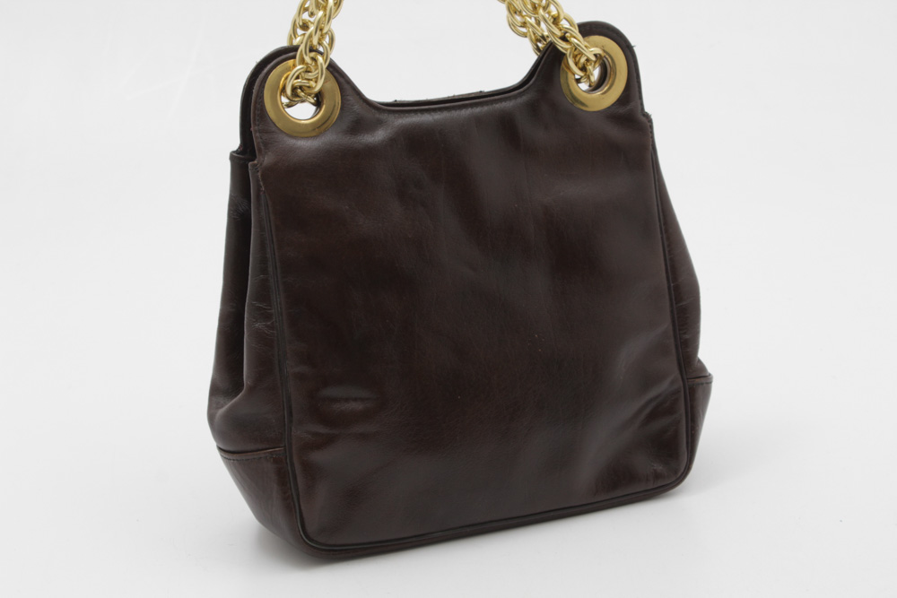 Vintage Brown Leather Handbag with Gold Tone Chain