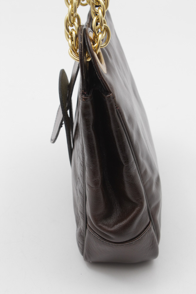 Vintage Brown Leather Handbag with Gold Tone Chain
