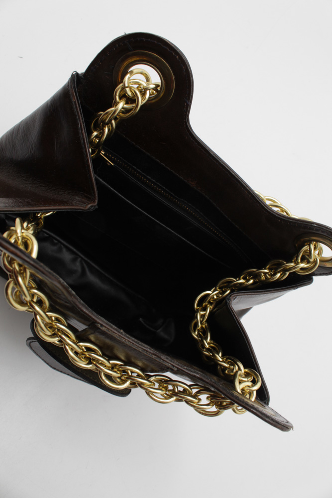 Vintage Brown Leather Handbag with Gold Tone Chain