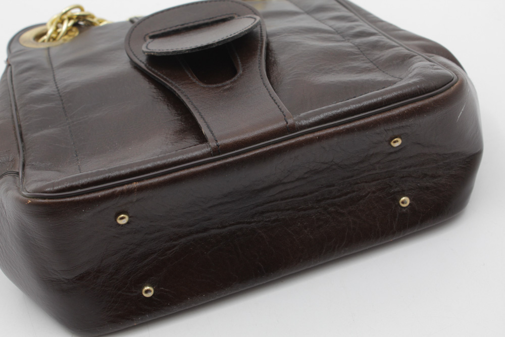 Vintage Brown Leather Handbag with Gold Tone Chain