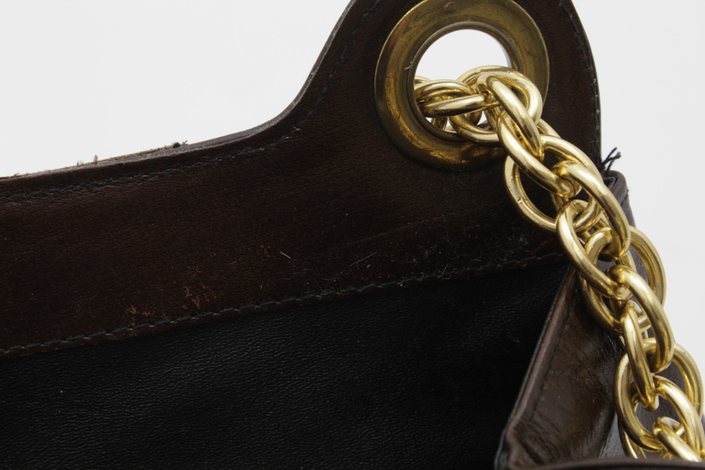 Vintage Brown Leather Handbag with Gold Tone Chain