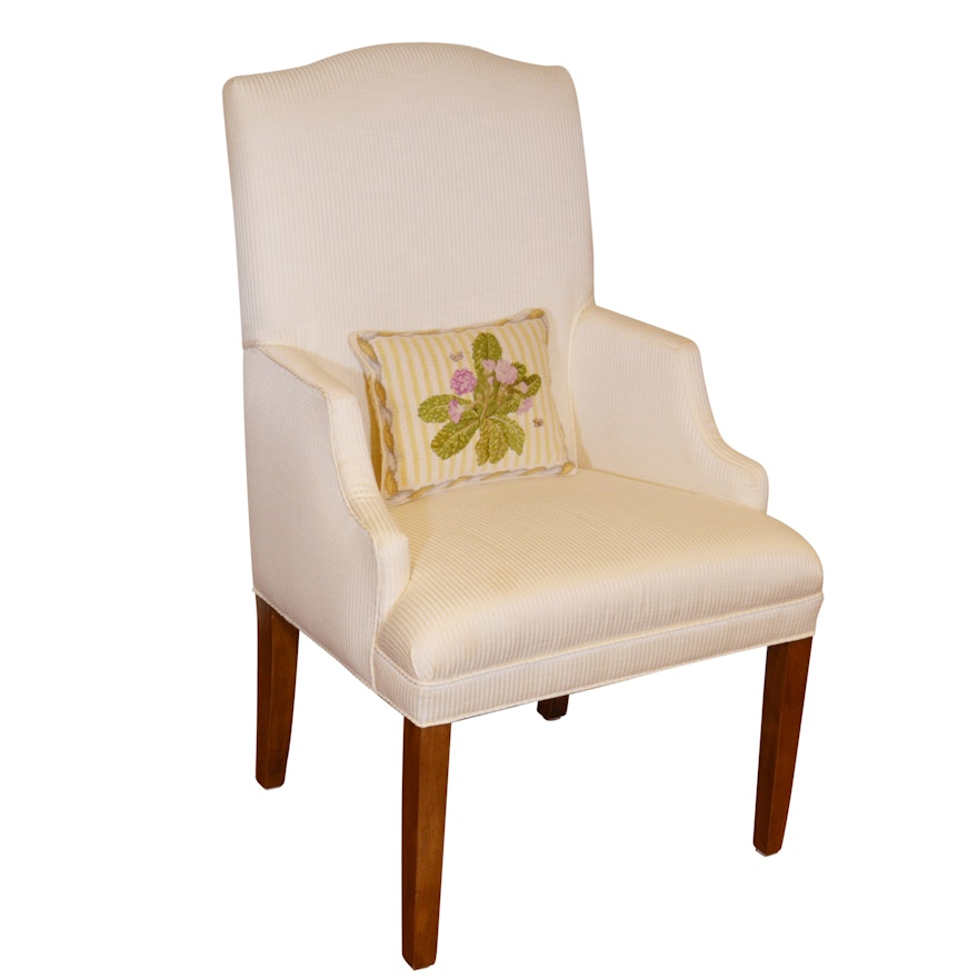 Contemporary Upholstered Lounge Chair with Needlepoint Pillow