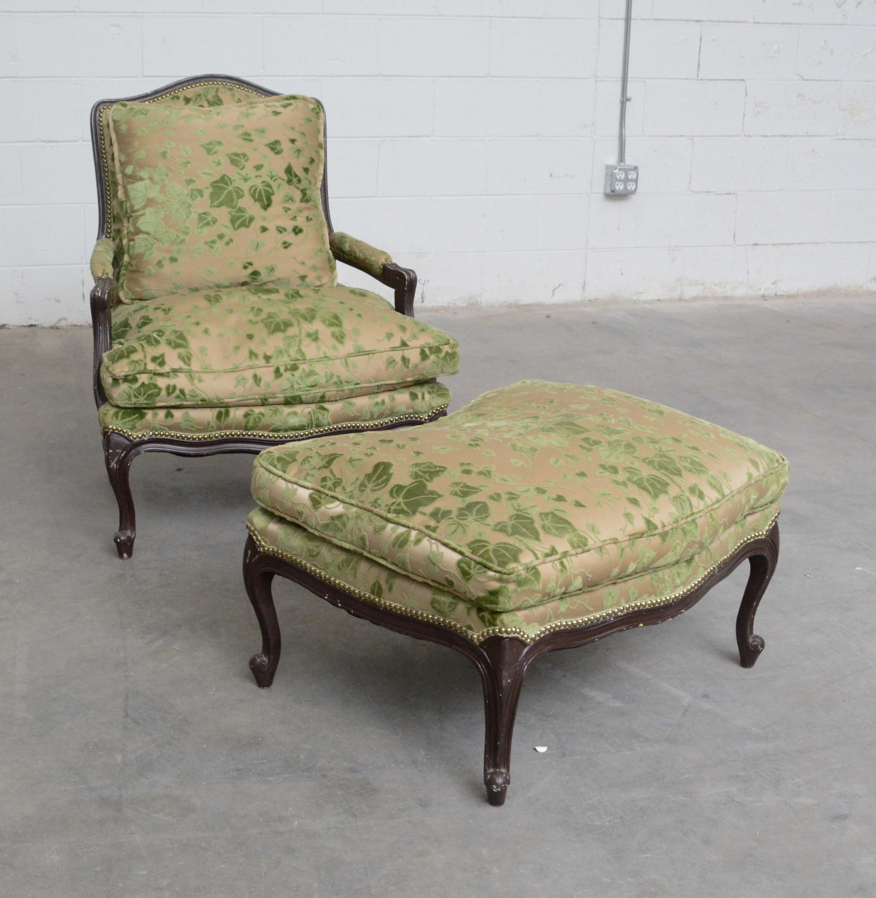 Louis XV Style Upholstered Armchair and Ottoman, Mid 20th Century