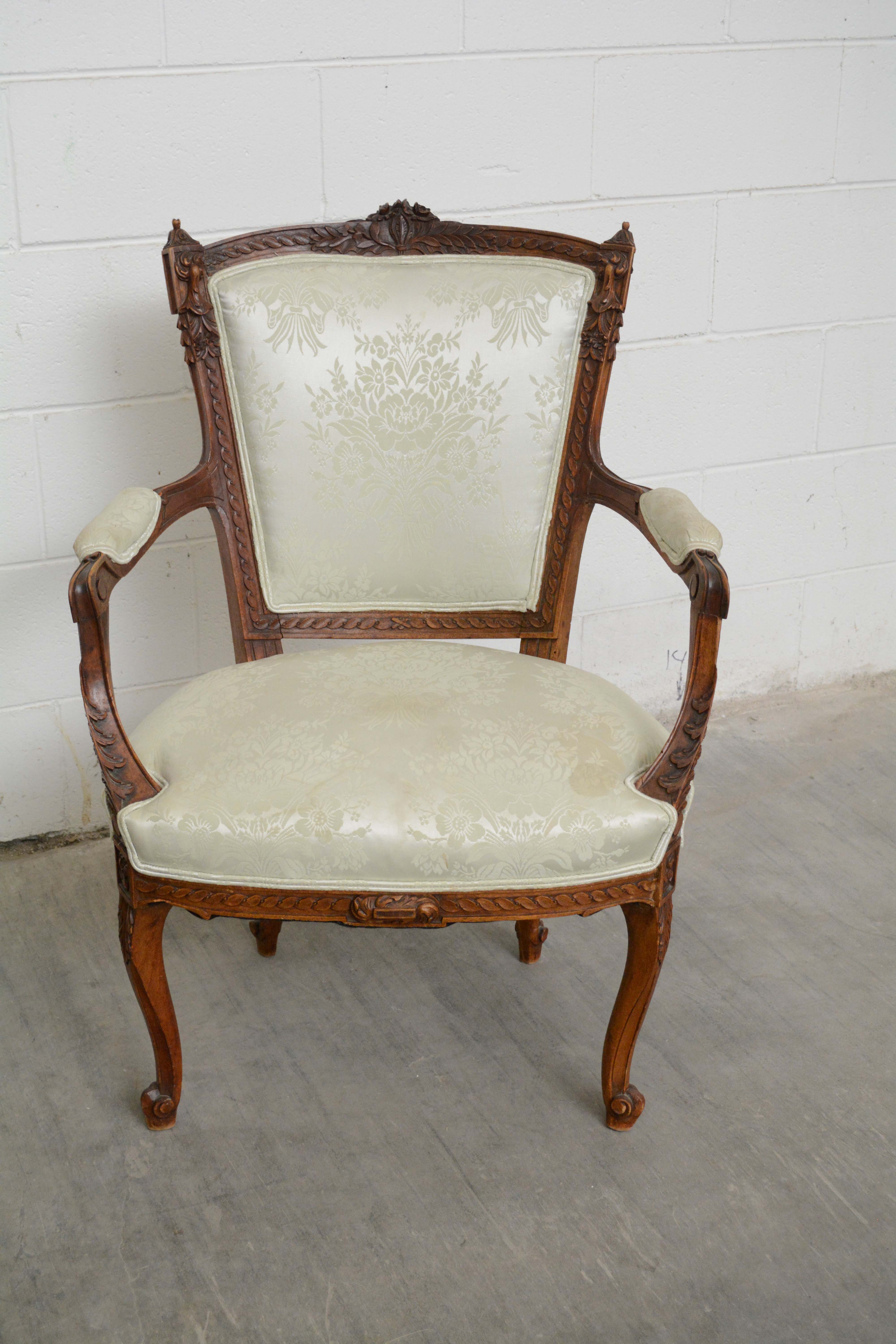 French Provincial Style Carved Wood and Upholstered Armchairs, Mid 20th Century