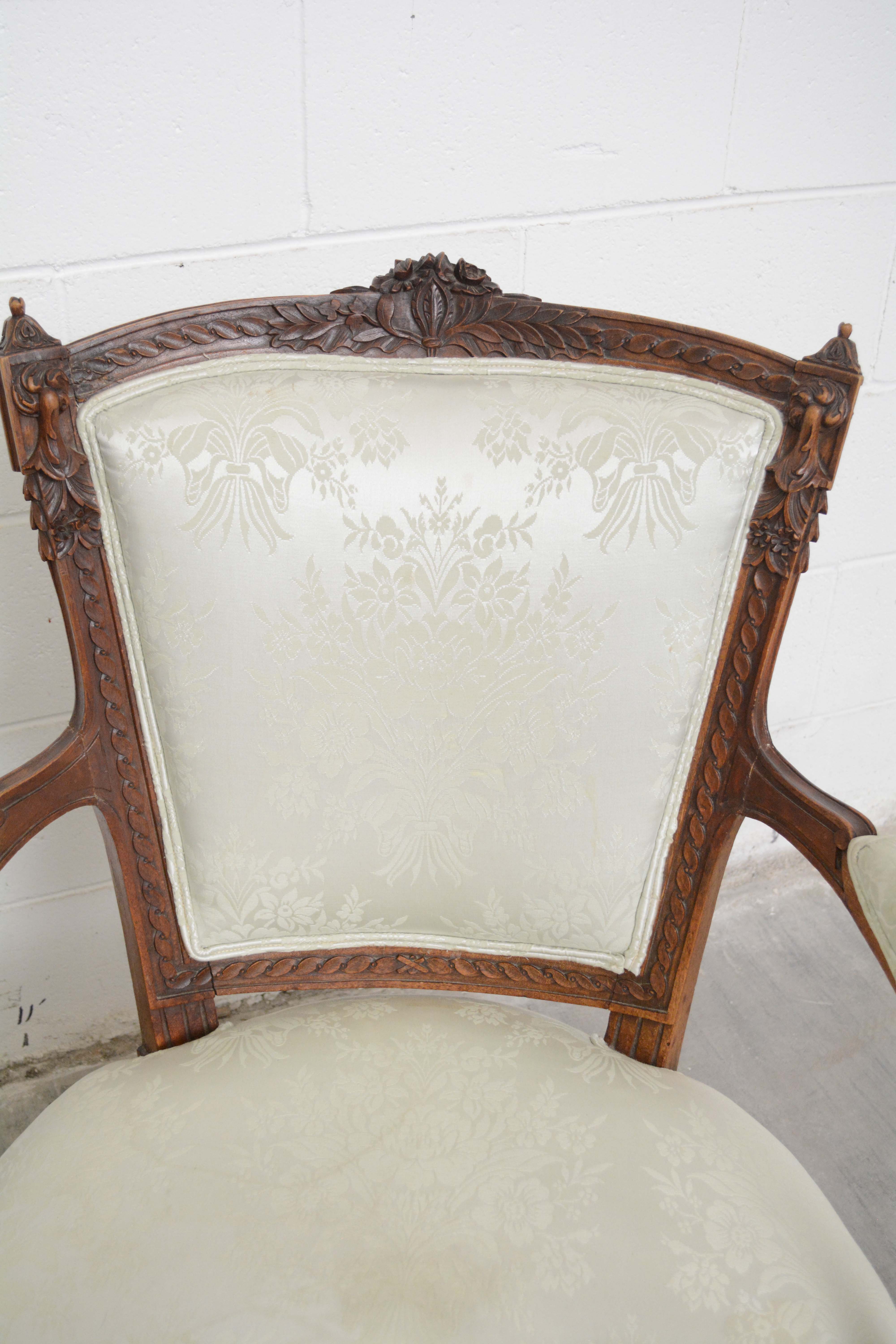 French Provincial Style Carved Wood and Upholstered Armchairs, Mid 20th Century