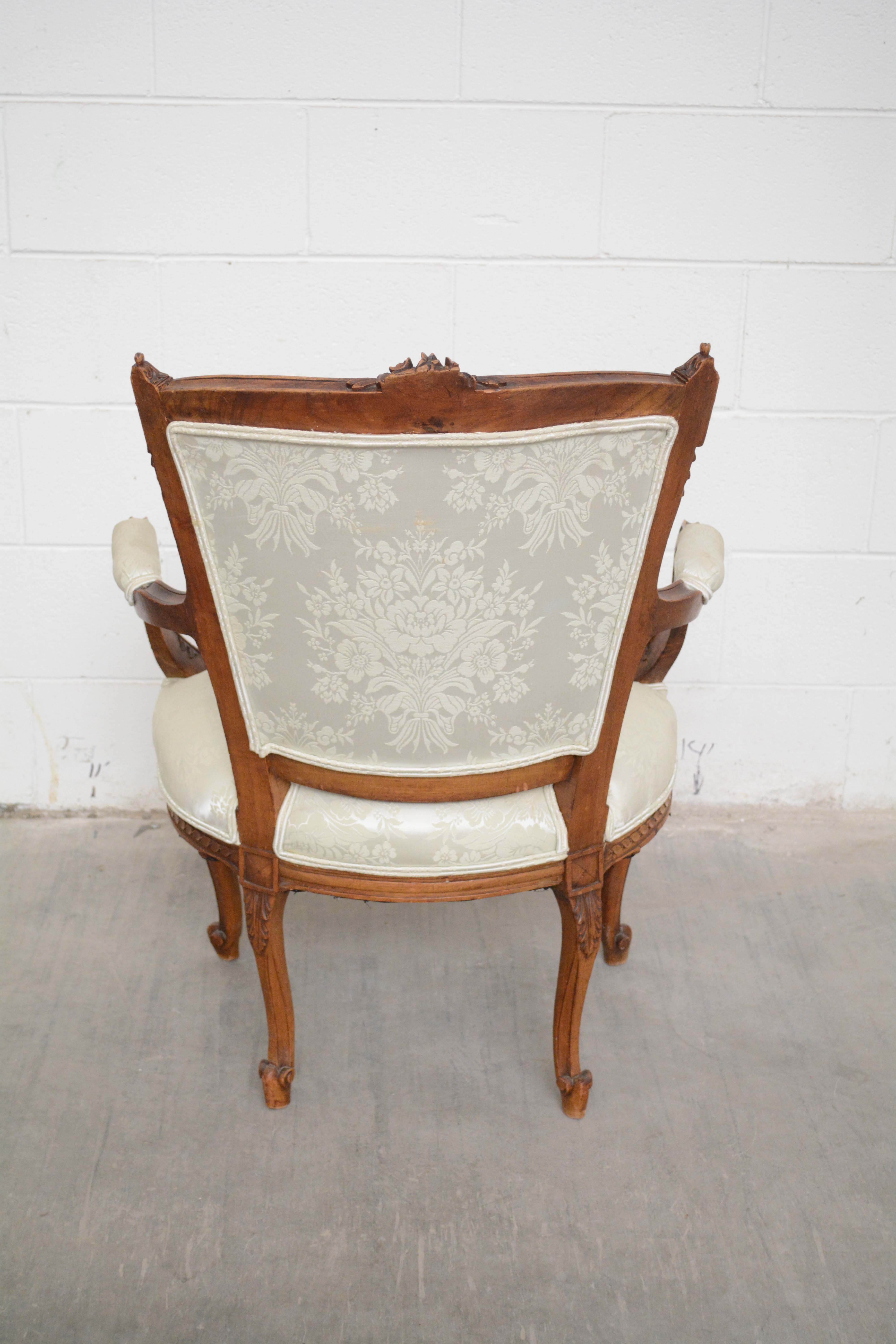 French Provincial Style Carved Wood and Upholstered Armchairs, Mid 20th Century