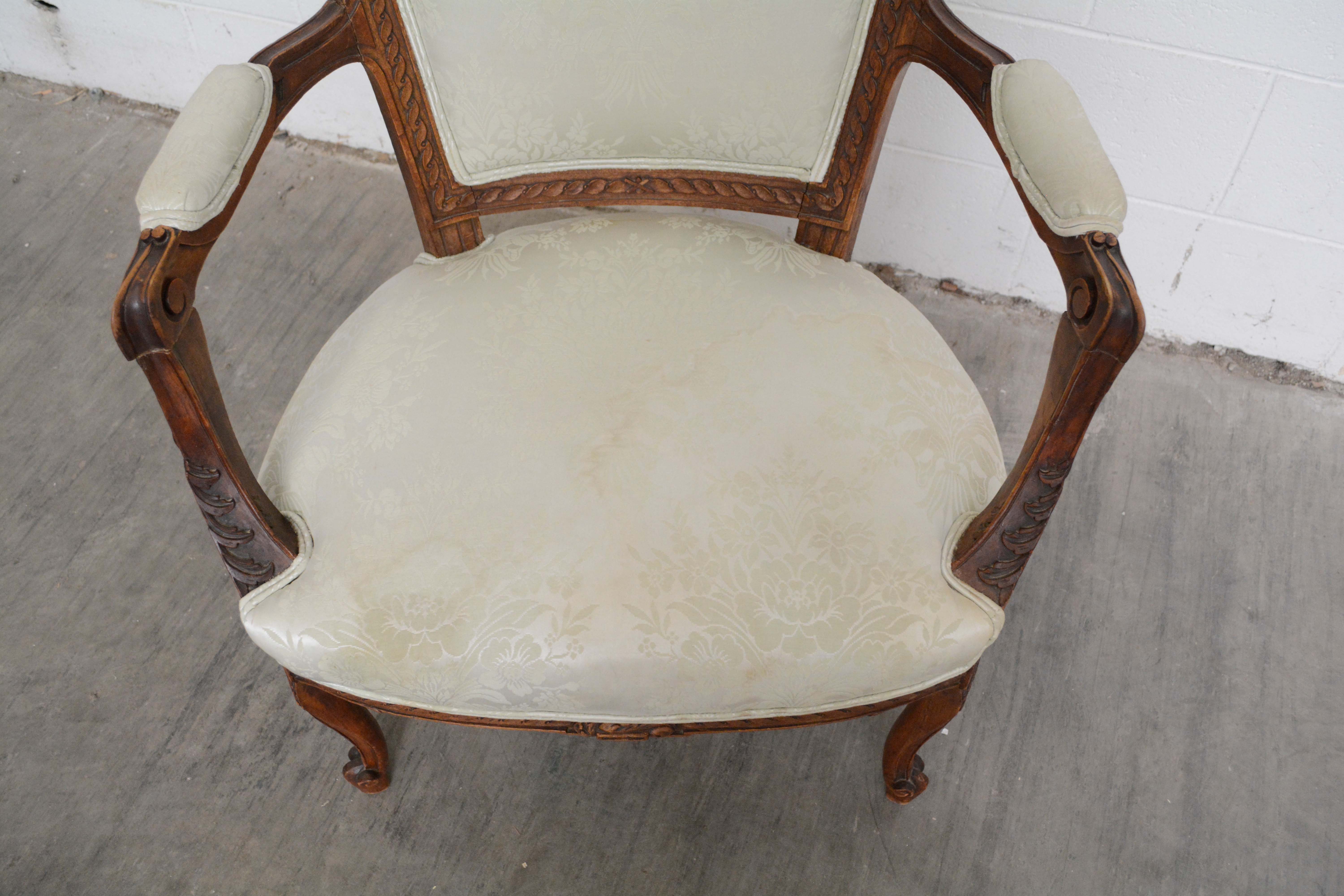French Provincial Style Carved Wood and Upholstered Armchairs, Mid 20th Century