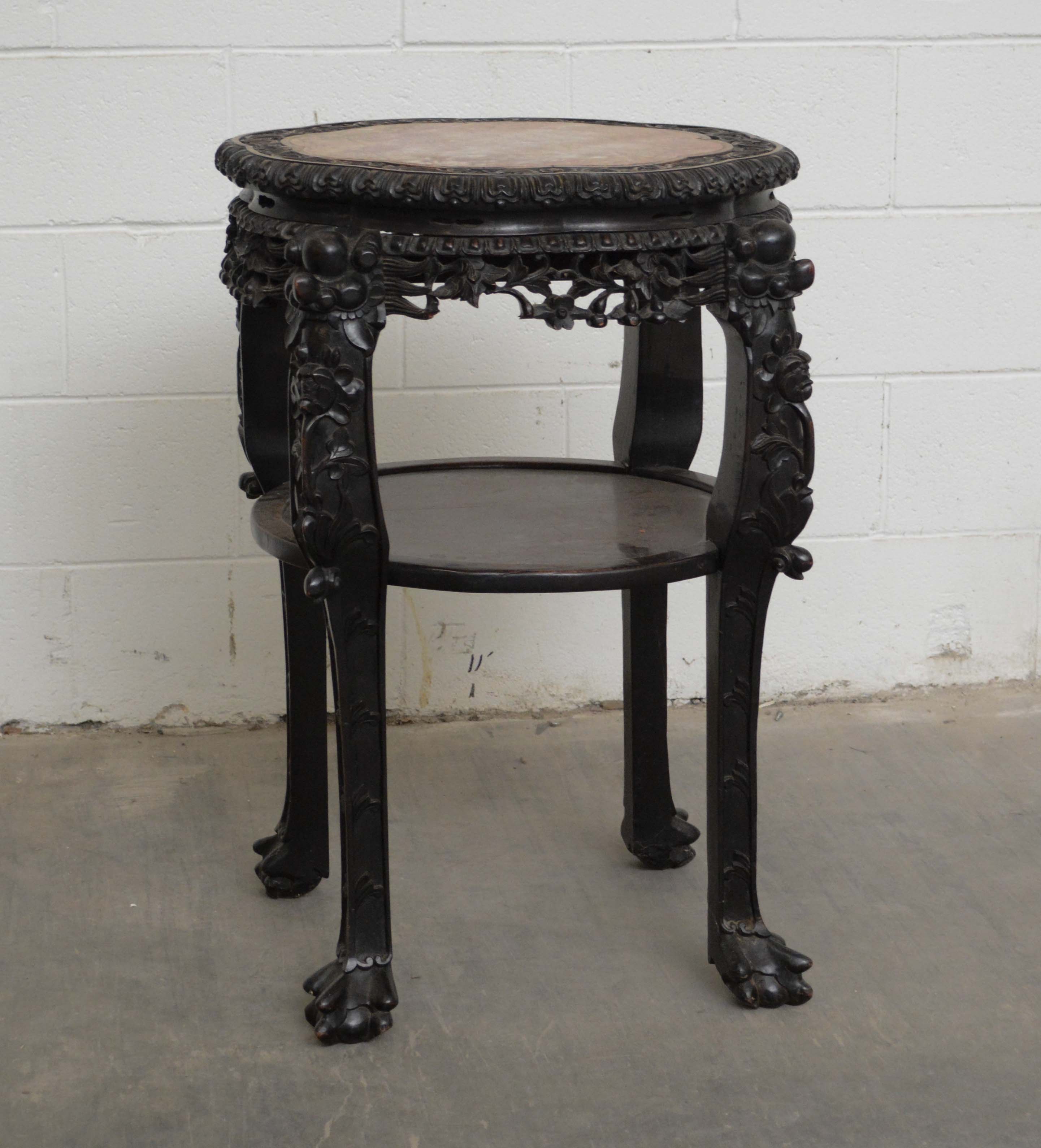 Chinese Carved Wood and Marble Plant Stand, Early/Mid 20th Century