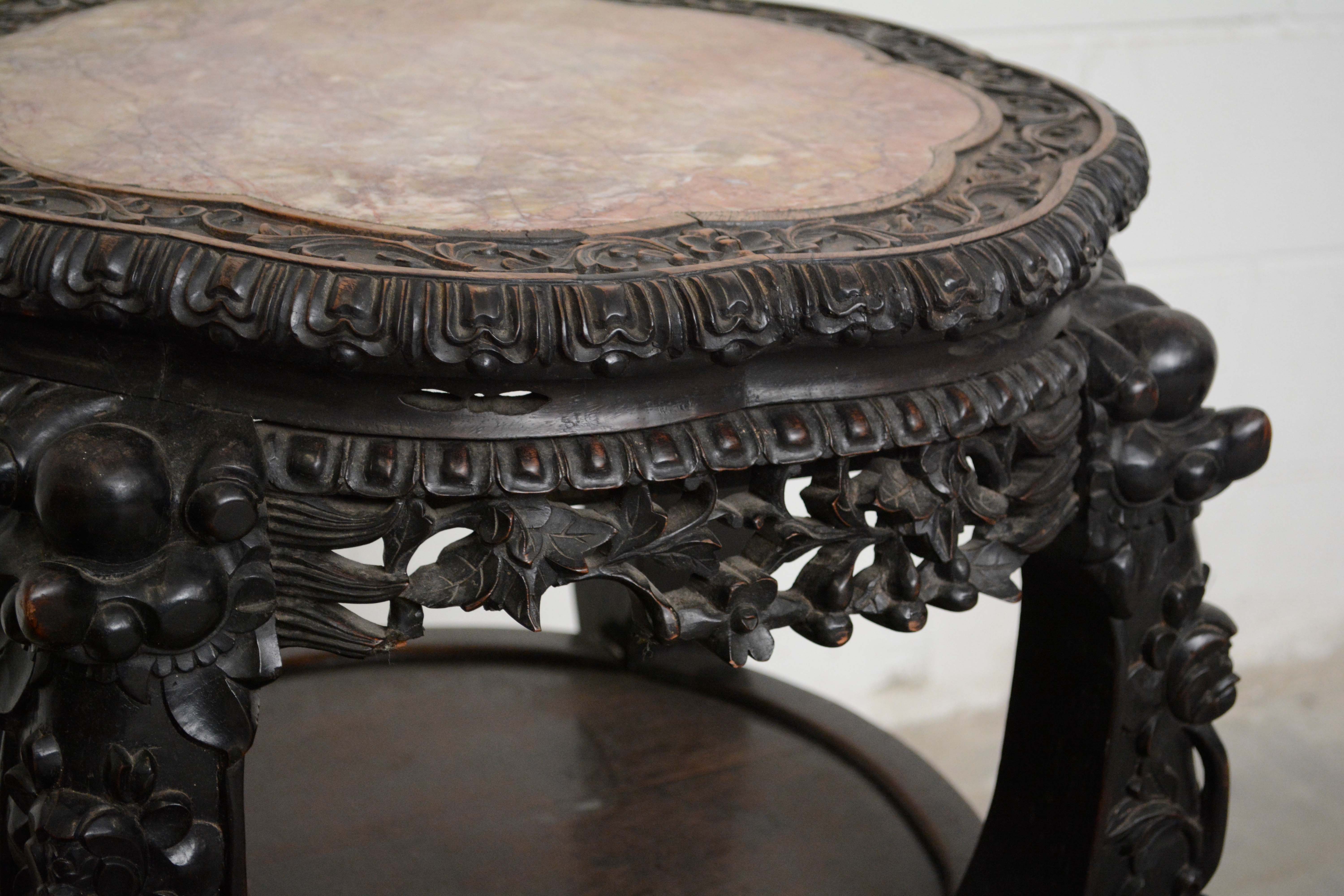 Chinese Carved Wood and Marble Plant Stand, Early/Mid 20th Century