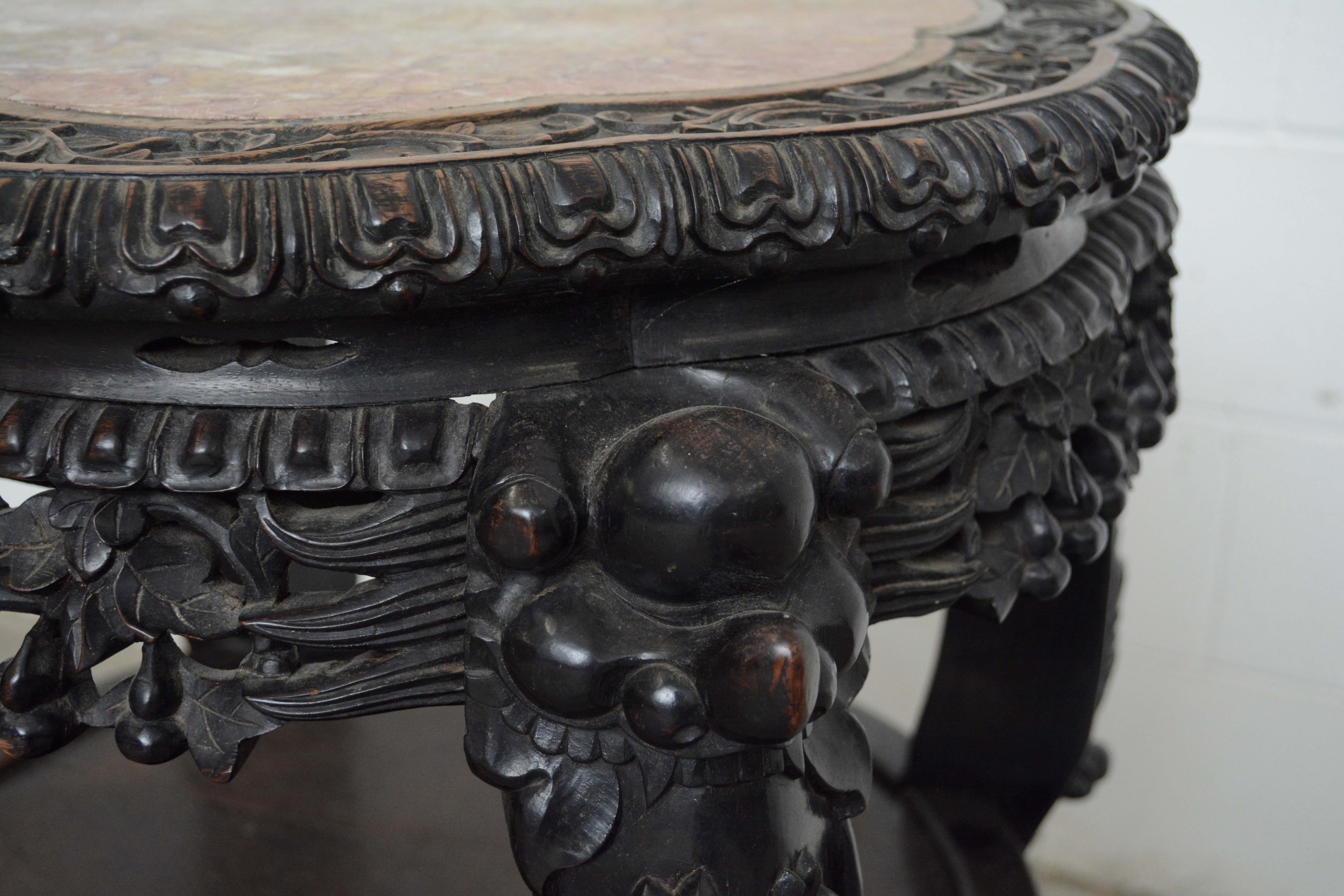 Chinese Carved Wood and Marble Plant Stand, Early/Mid 20th Century