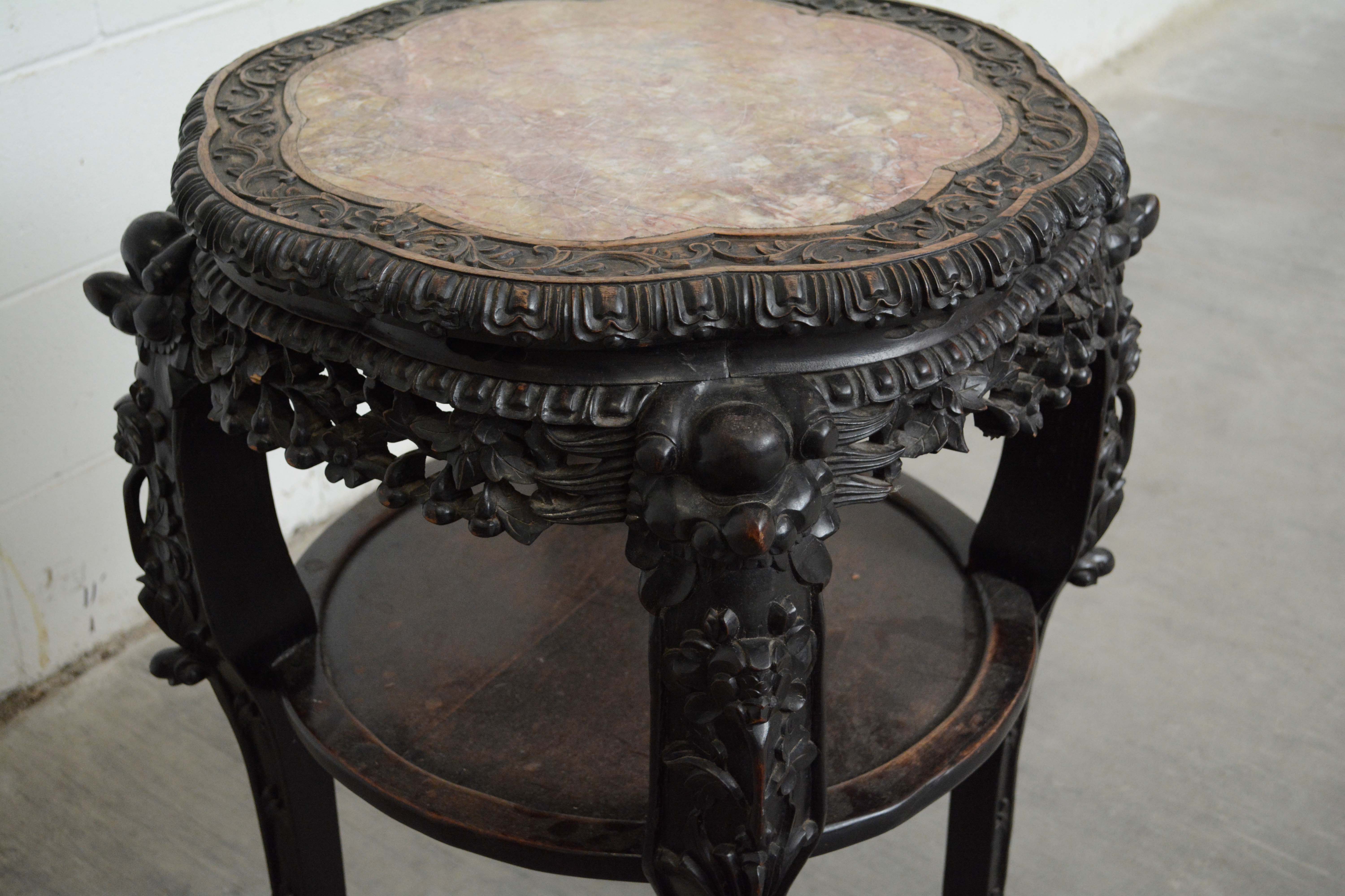 Chinese Carved Wood and Marble Plant Stand, Early/Mid 20th Century