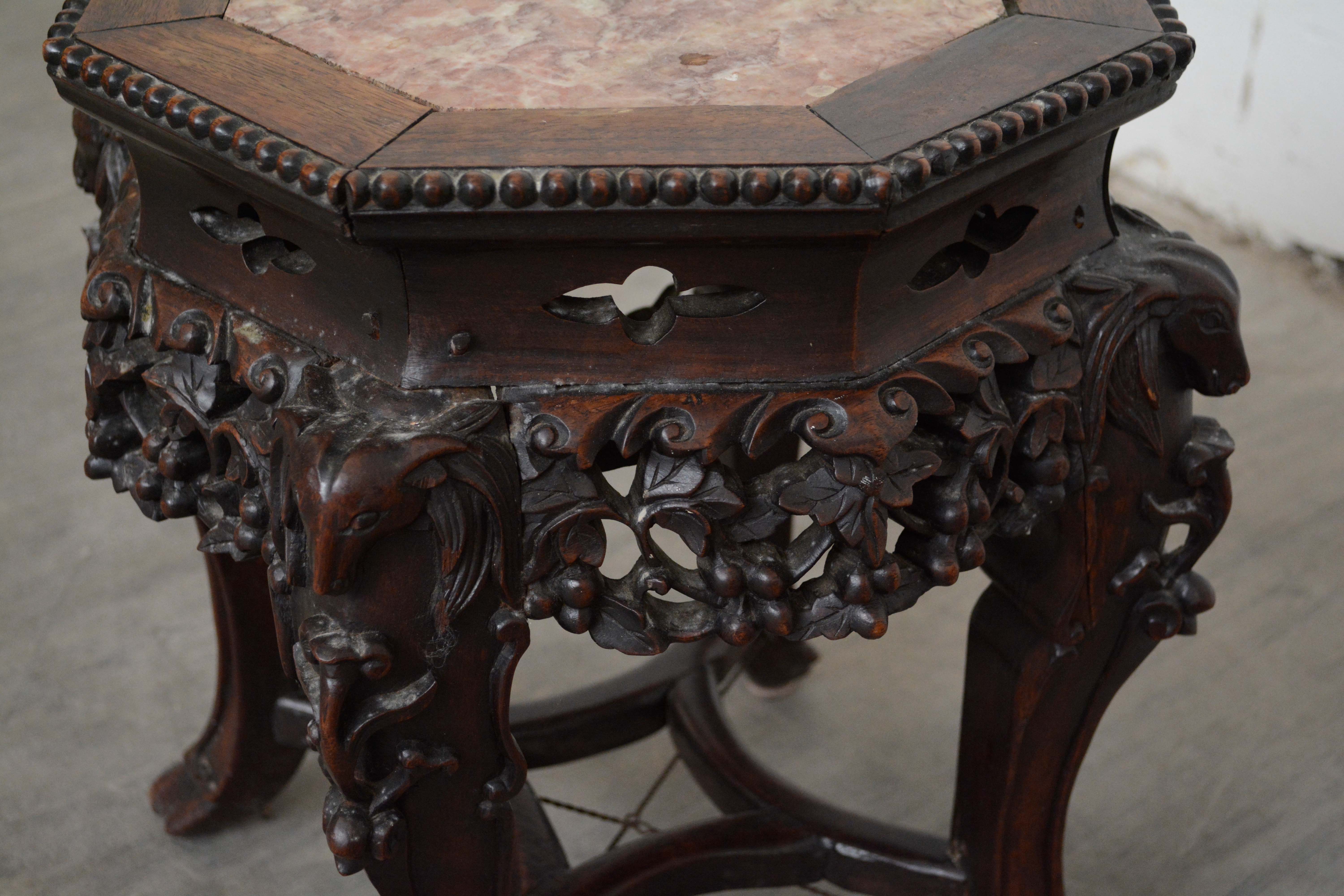 Chinese Carved Wood and Marble Plant Stands, Early/Mid 20th Century