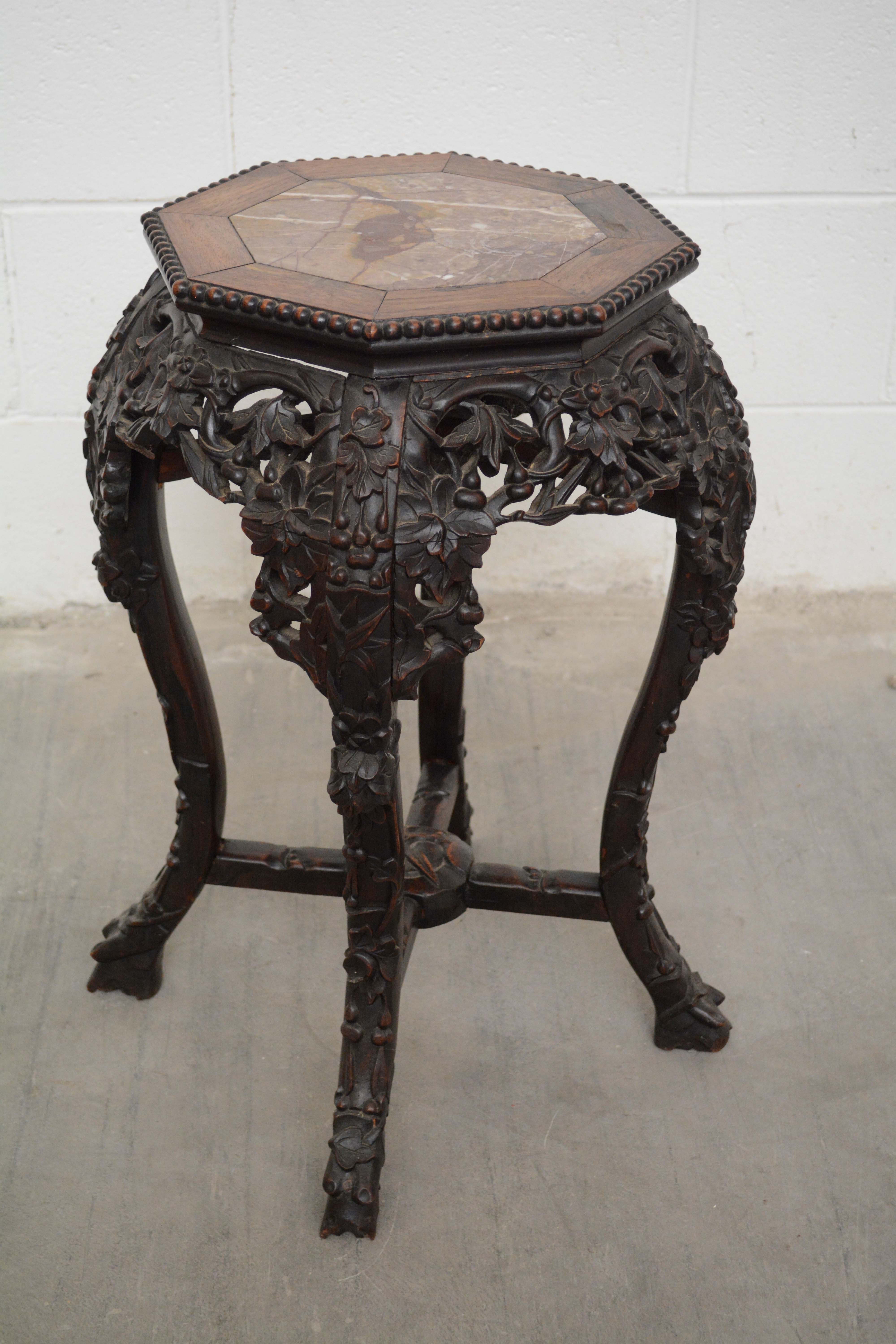 Chinese Carved Wood and Marble Plant Stands, Early/Mid 20th Century