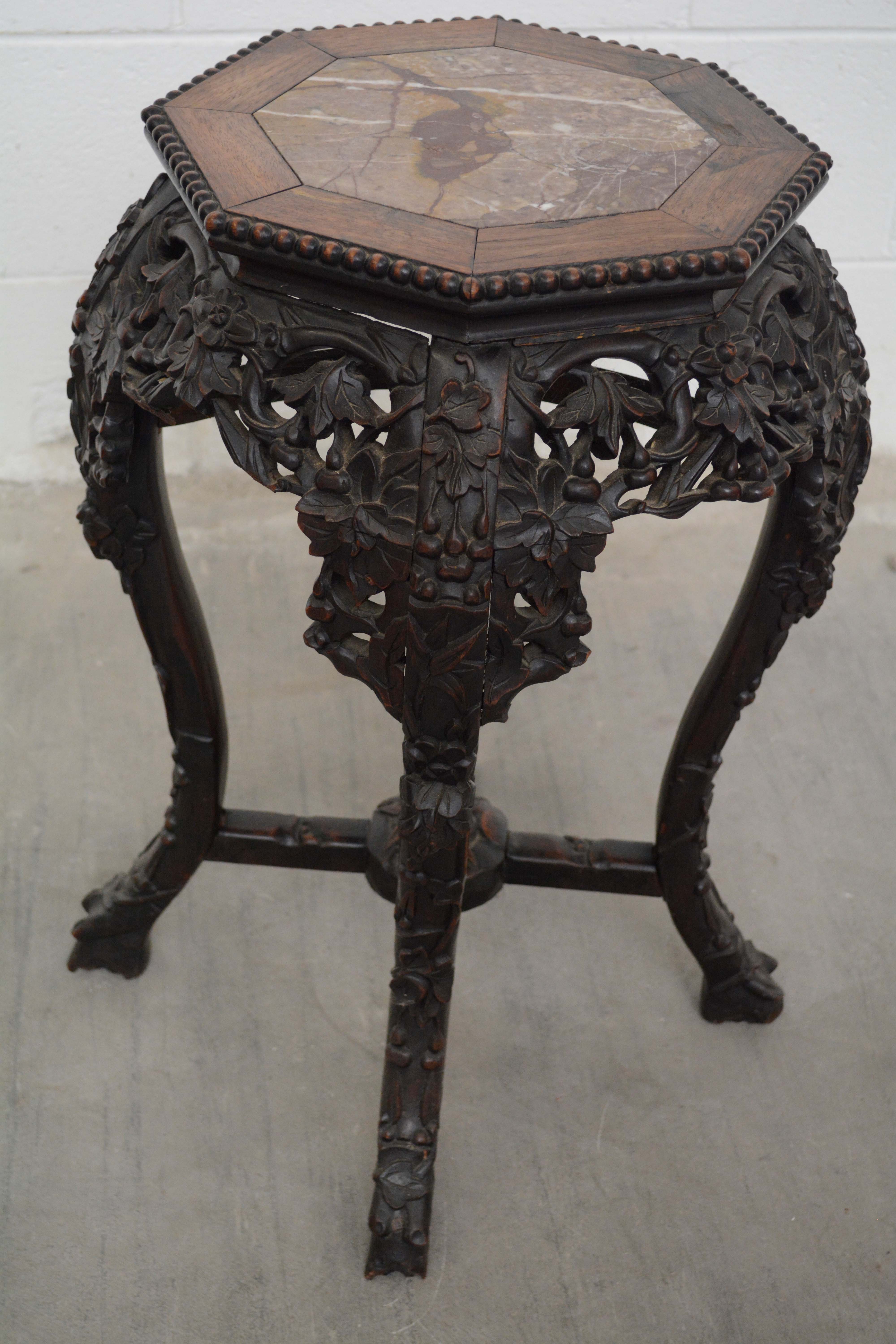 Chinese Carved Wood and Marble Plant Stands, Early/Mid 20th Century
