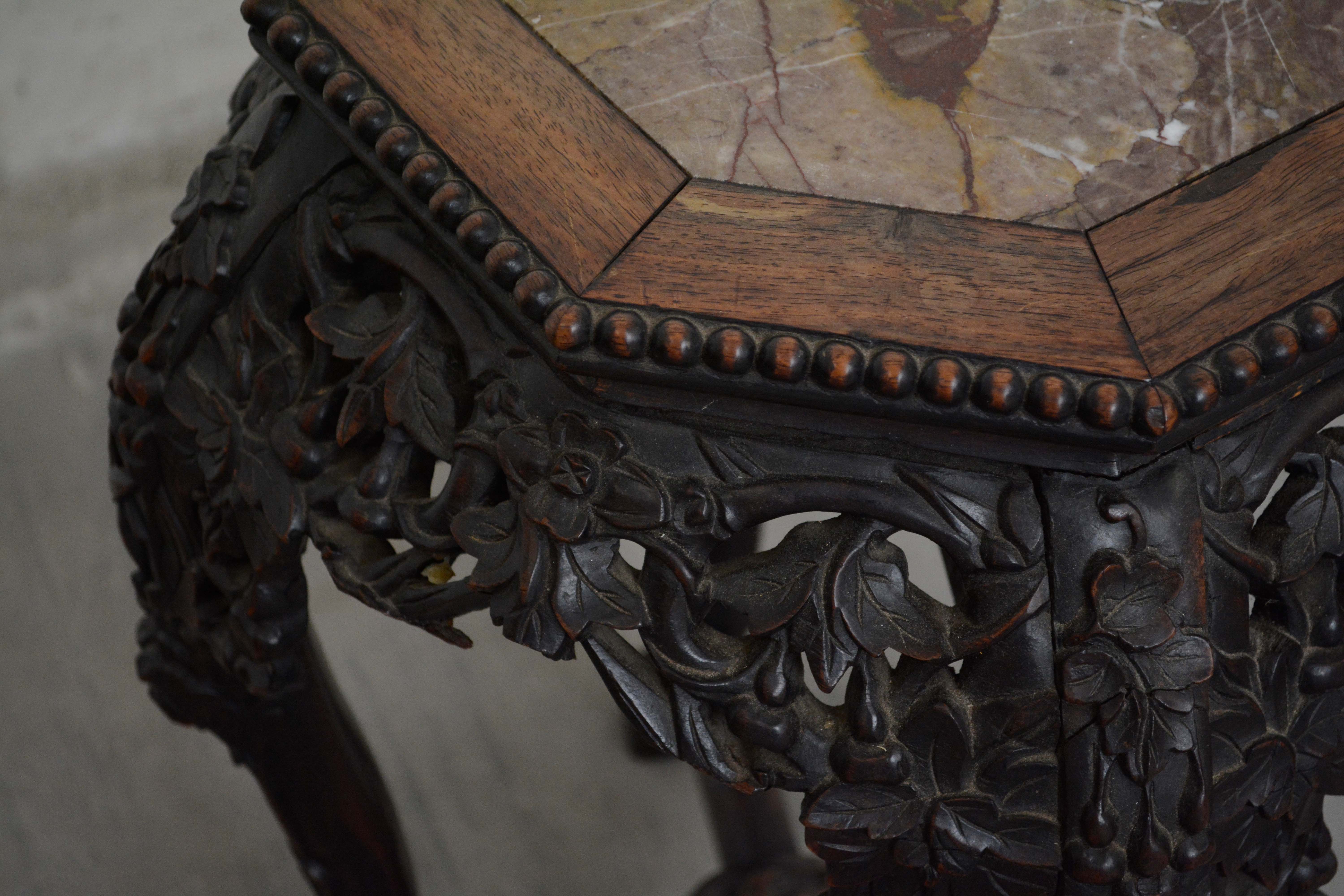 Chinese Carved Wood and Marble Plant Stands, Early/Mid 20th Century