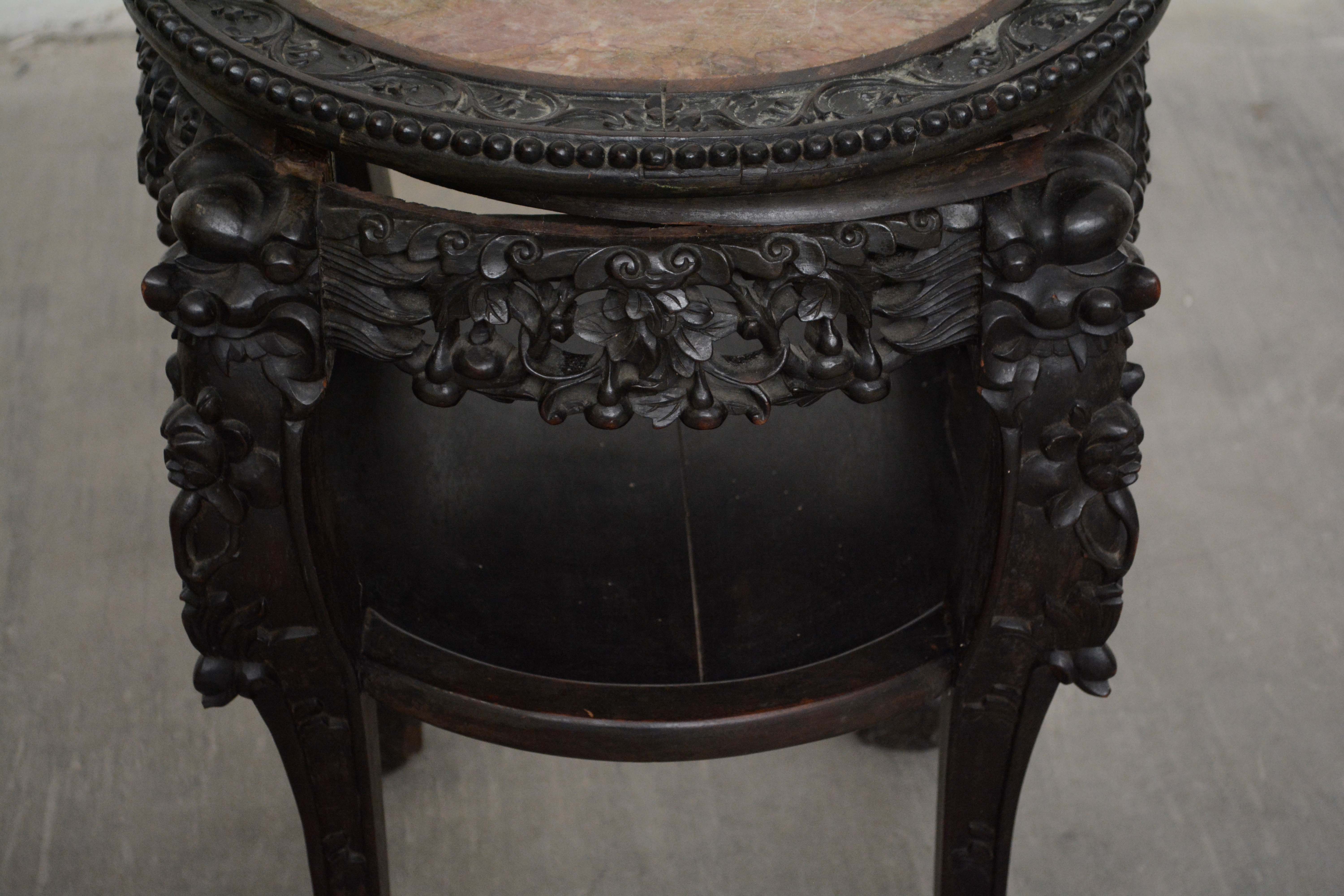 Chinese Carved Wood and Marble Plant Stand, Mid 20th Century