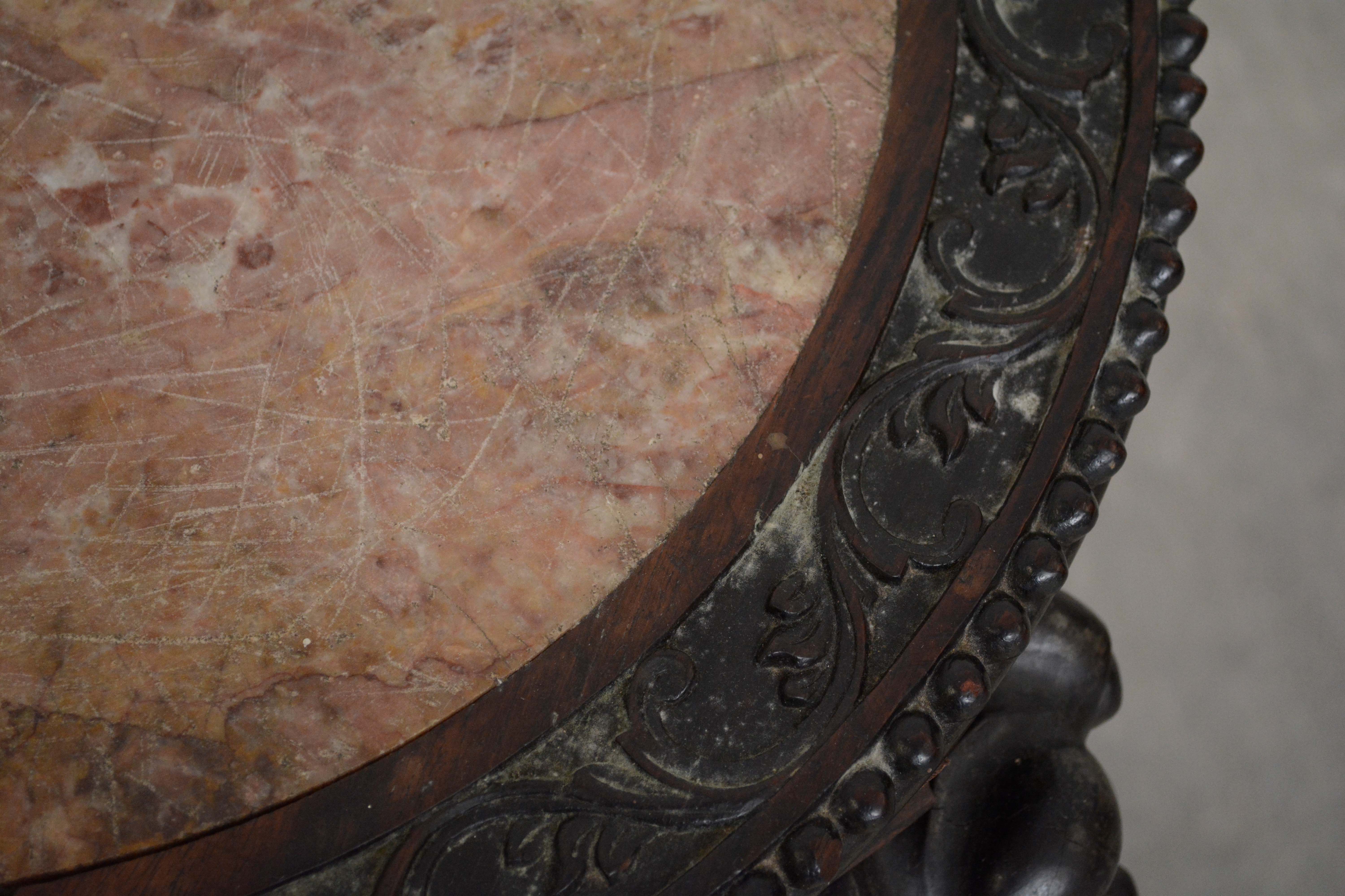 Chinese Carved Wood and Marble Plant Stand, Mid 20th Century