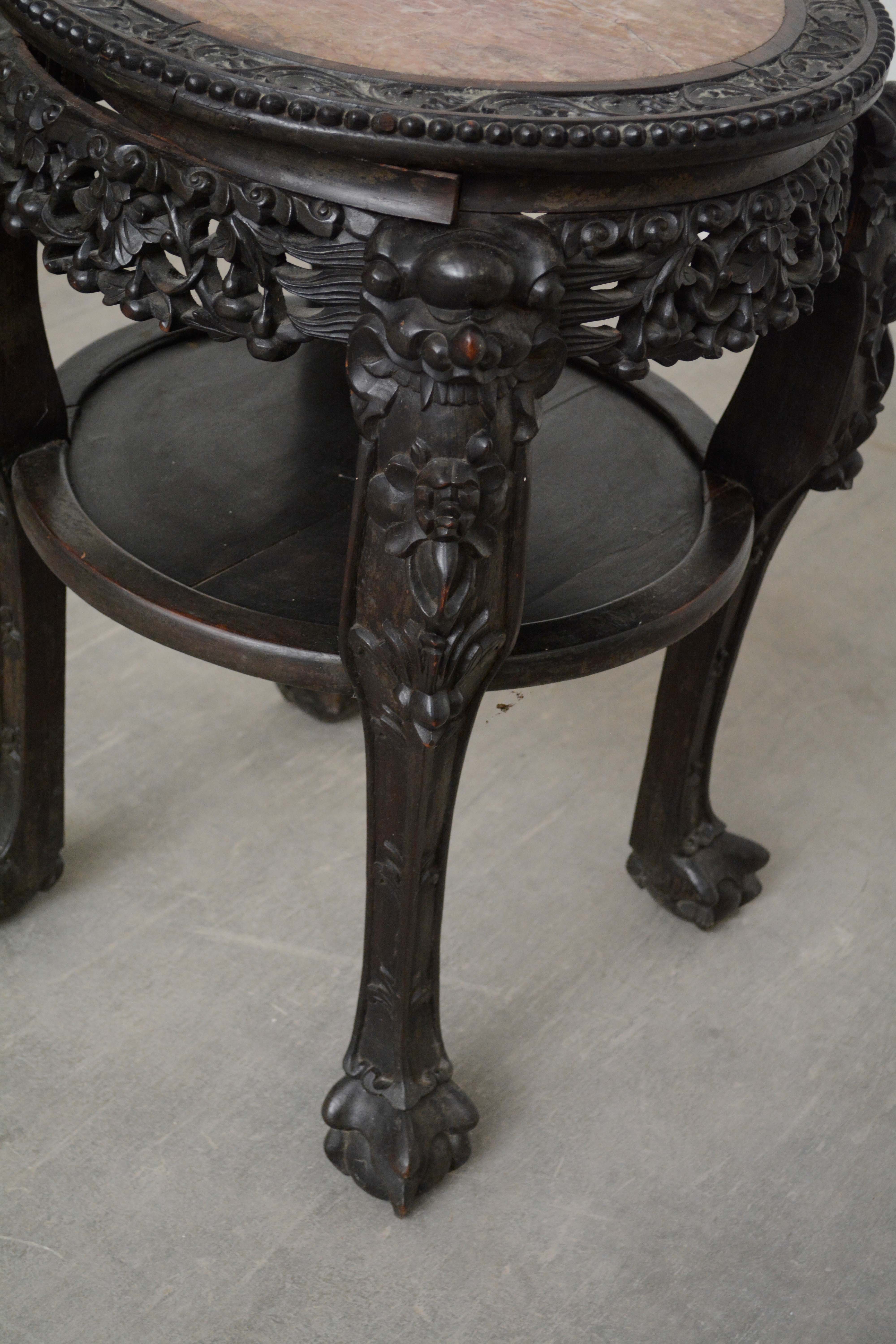 Chinese Carved Wood and Marble Plant Stand, Mid 20th Century