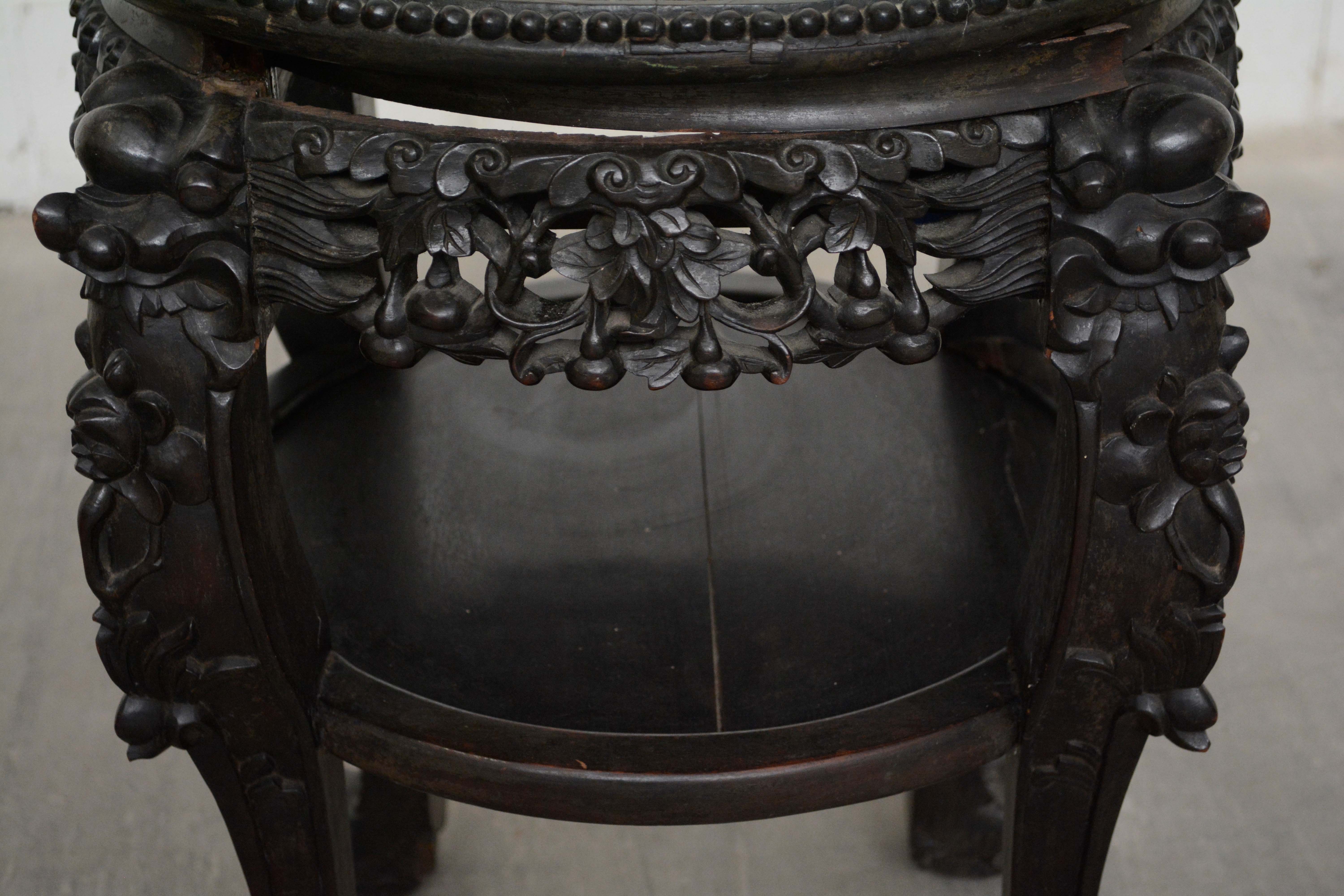 Chinese Carved Wood and Marble Plant Stand, Mid 20th Century